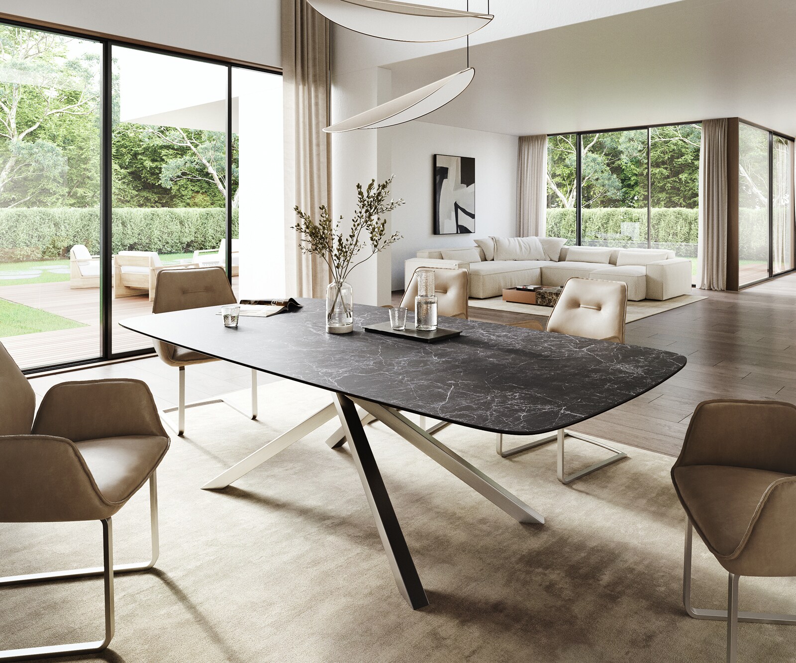 Table à manger Edge Boot 260x120 cm Céramique Laminam® Nero Greco Anthracite piètement en croix Rectangle Acier inoxydable 1