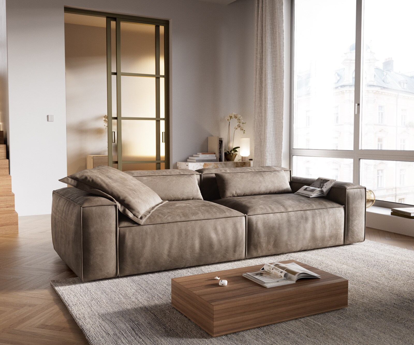 Bigsofa Freestyle 280x110 cm Tissu microfibre Taupe Vintage couture passepoilée 1