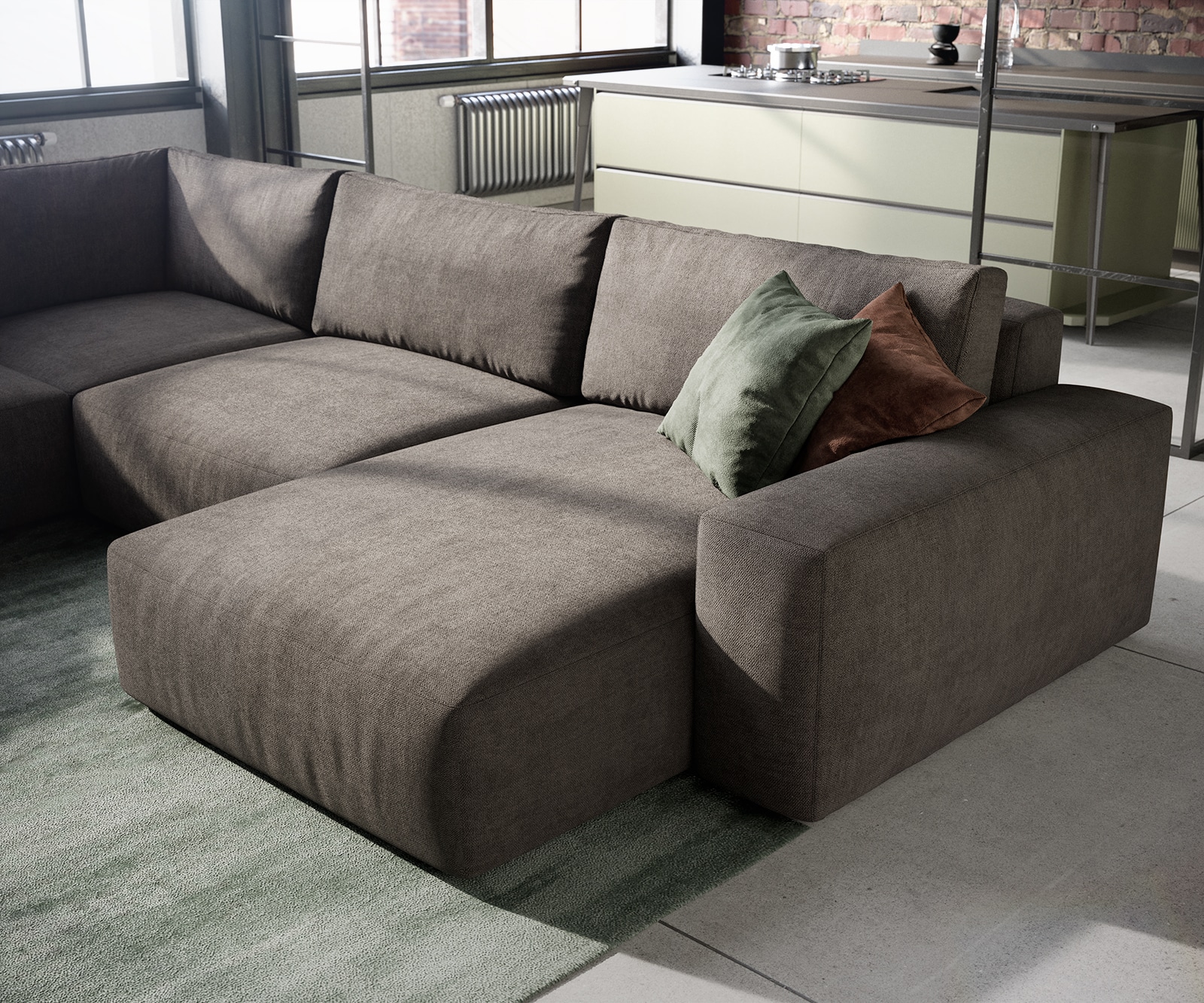 Canapé panoramique Lanzo XL 360x260 cm microfibre marron kaki Recamière variable 4 Canapé panoramique Lanzo XL 360x260 cm microfibre marron kaki Recamière variable 4