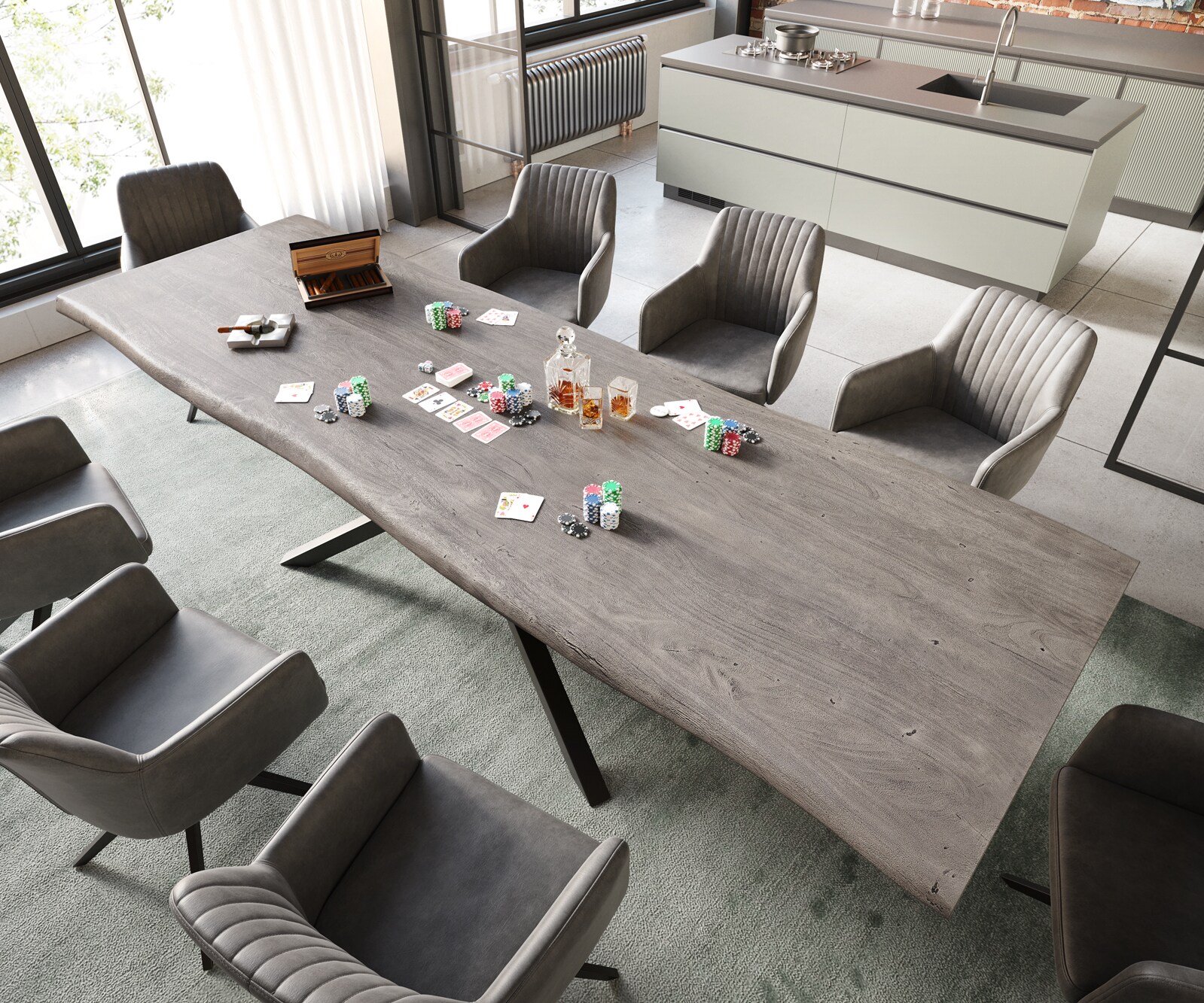Table à manger Edge 300x100 XL acacia platine cadre croisé rectangle noir Live-Edge 2