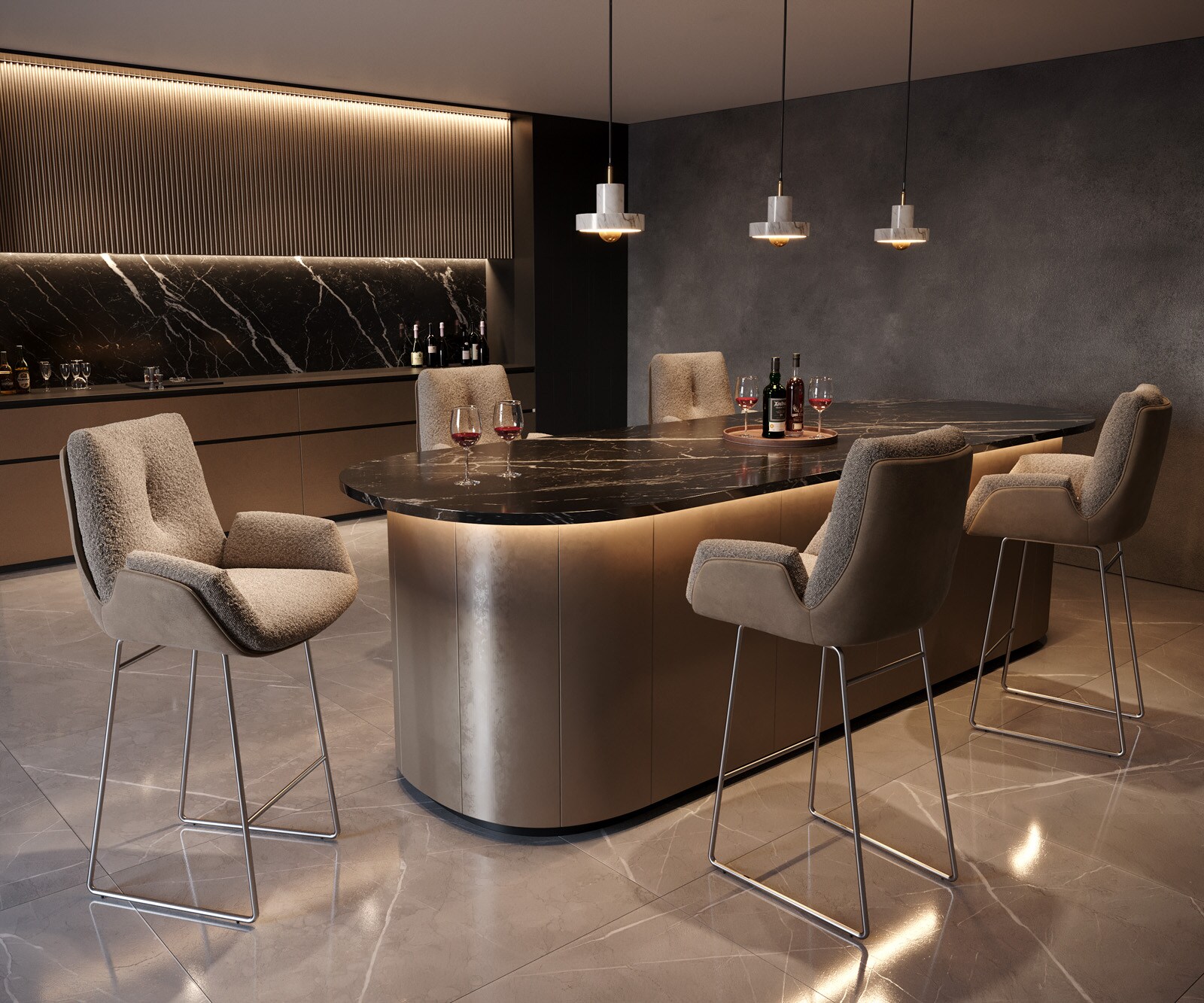 Chaise-de-bar Clea-Flex mélange de matériaux boue piétement traîneau acier inoxydable ressorts ensachés 4