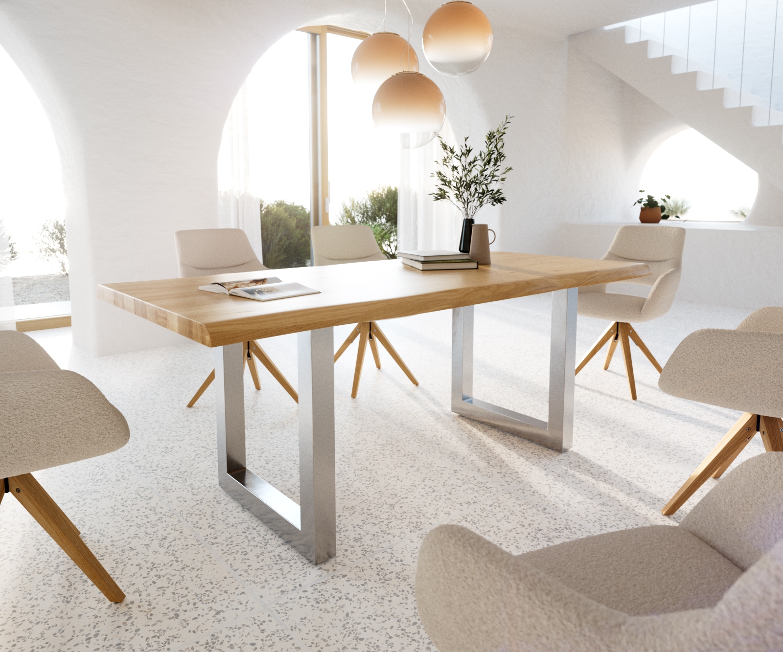 Table à manger Edge 200x100 chêne nature acier inoxydable large Live-Edge laqué Table à manger Edge 200x100 chêne nature acier inoxydable large Live-Edge laqué