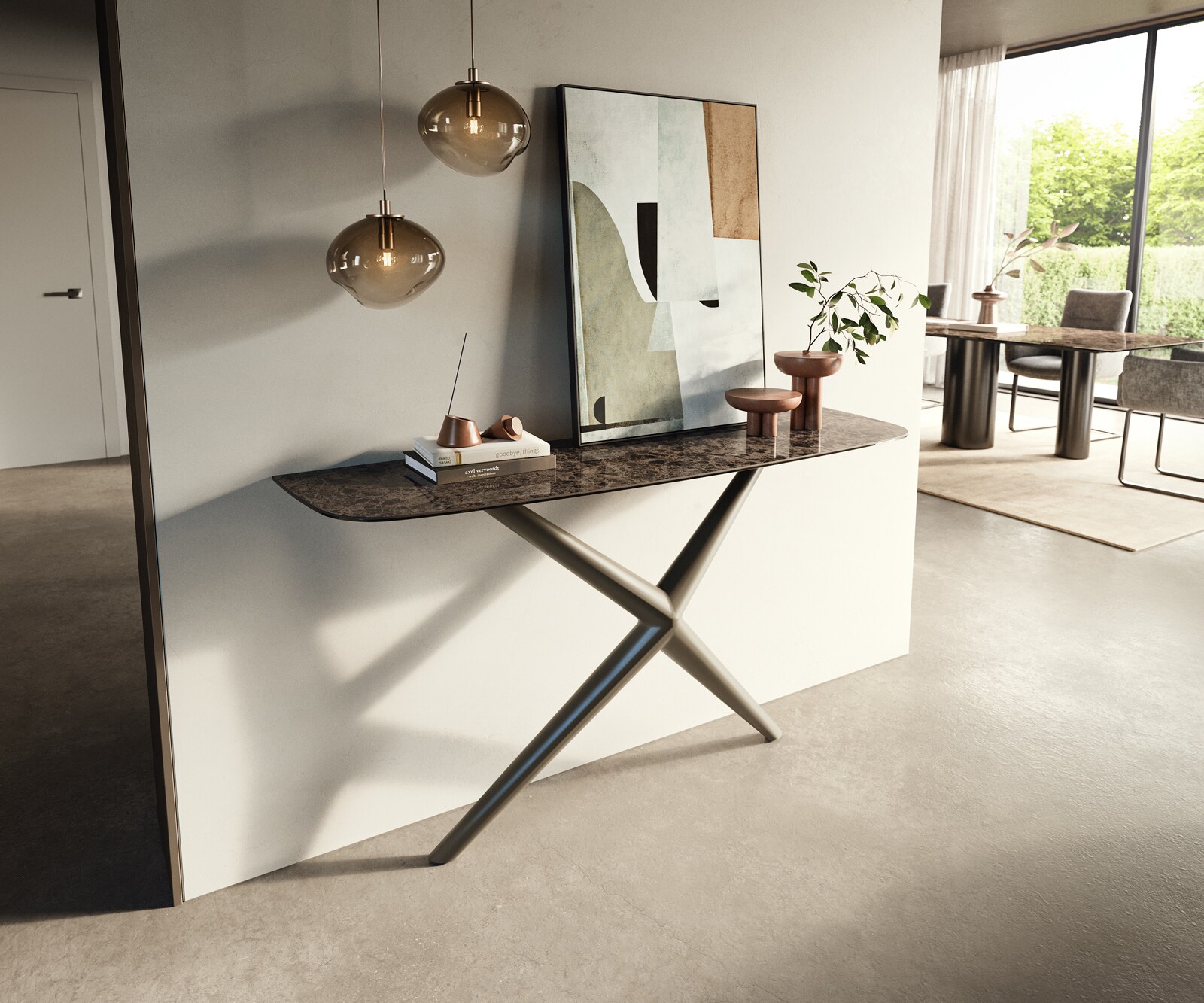 Console Edge forme bateau 140x40 cm Céramique Emperador Extra Lucidato Dunkelbraun Estelo Métal Effektfinish Titan 3