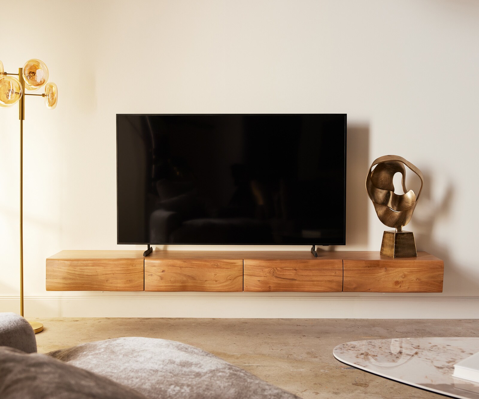 Meuble-TV New Live-Edge 240 cm acacia naturel 4 tiroirs flottants 1