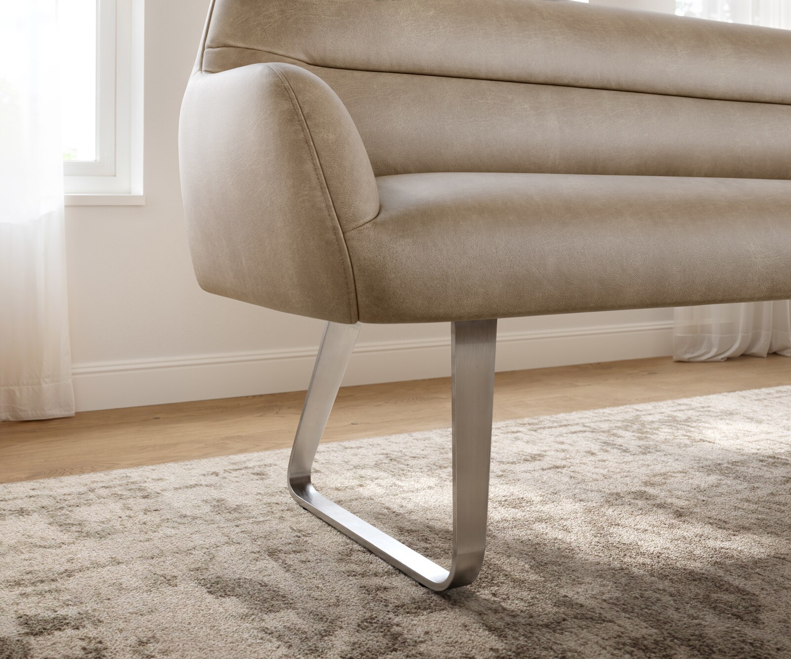 Banc-de-salle-à-manger Taya-Flex 200 cm microfibre beige vintage châssis à patins plat acier inoxydable ressort ensaché 4