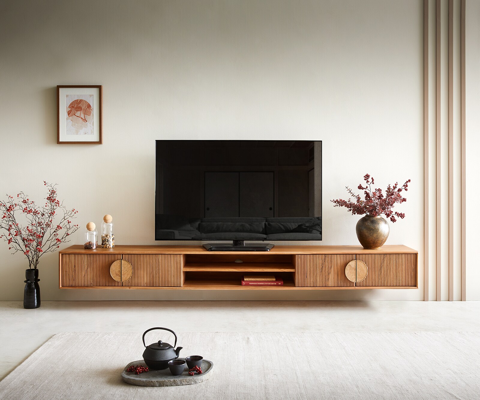 Meuble-TV Surimu 240 cm acacia brun clair 4 portes 2 compartiments liège-poignée flottante 1