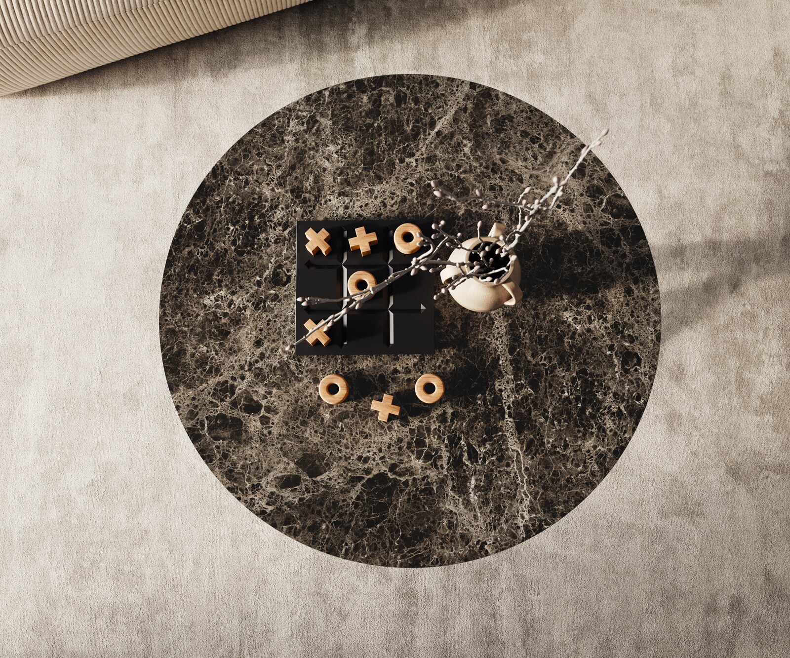 Table basse Edge rond 90x90 cm céramique Laminam® Emperador Extra Lucidato brun foncé Sarity acier inoxydable brossé 2
