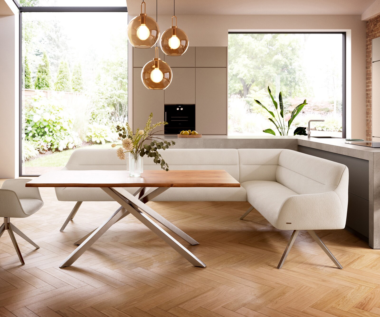 Banc-de-salle-à-manger Taya-Flex 285x190 cm bouclé crème-blanc pied croisé angulaire acier inoxydable ressort ensaché liens 2