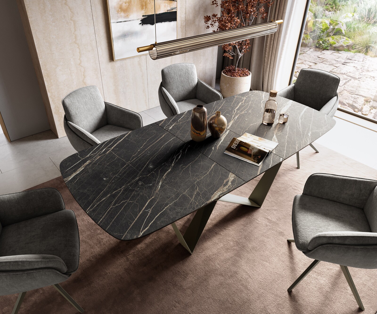 Table à manger Edge Boot 180-220x100 cm Laminam® Céramique Noir Desir Braun Spider Métal Finition effet Titan extensible 4
