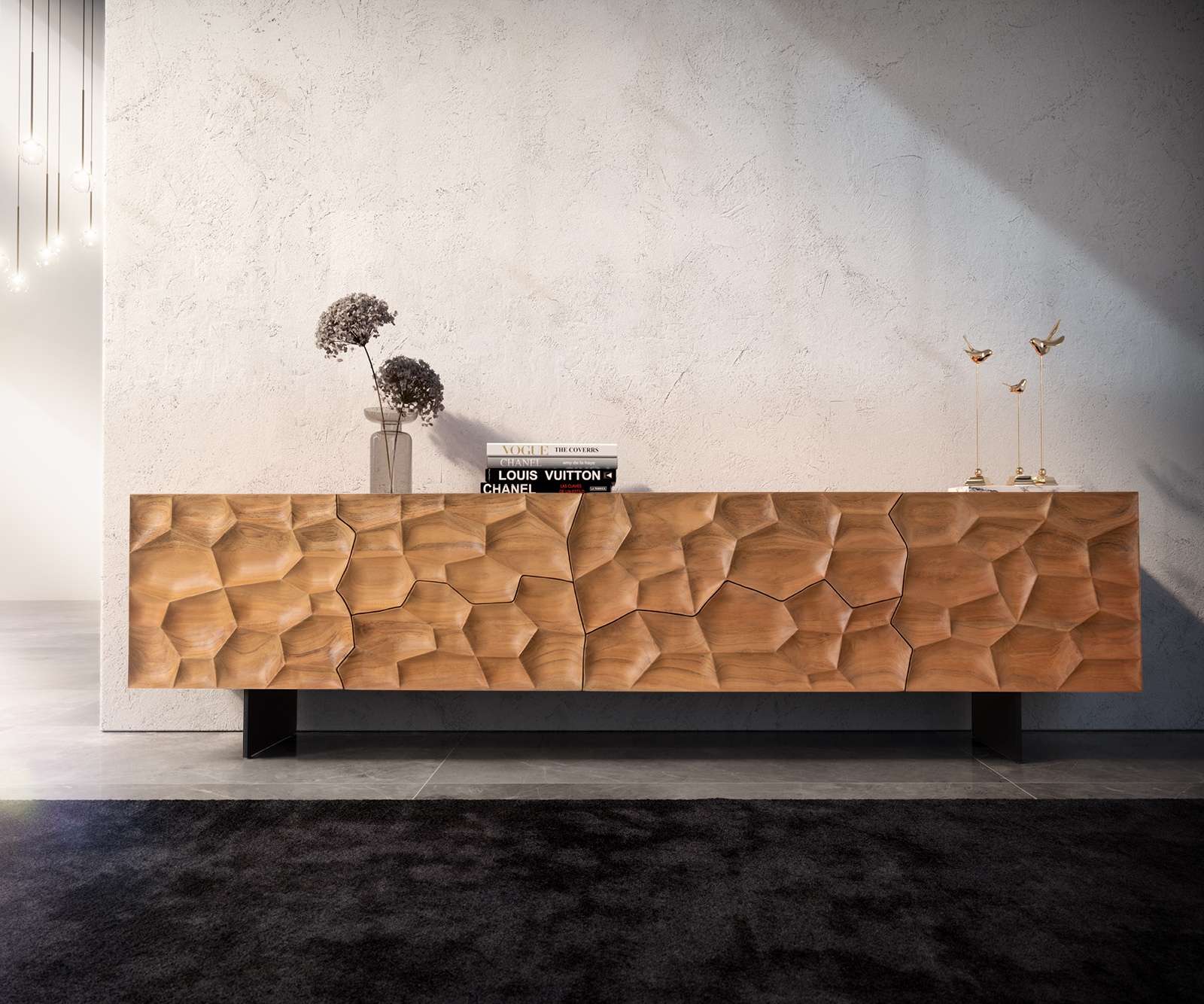 Meuble-TV Solu 220 cm acacia naturel 2 portes 4 tiroirs pied flottant métal noir façade 3D 1 Meuble-TV Solu 220 cm acacia naturel 2 portes 4 tiroirs pied flottant métal noir façade 3D 1