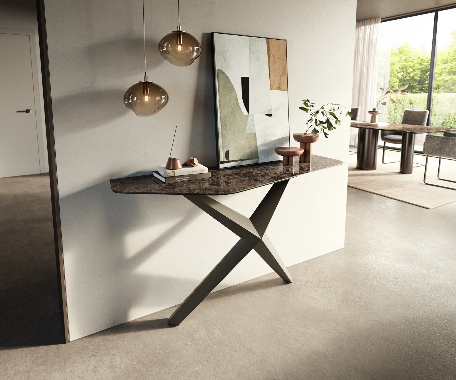 Console Edge Polygonal 140x50 cm Céramique Emperador Extra Lucidato Dunkelbraun Zentharo Métal Effektfinish Titan 3