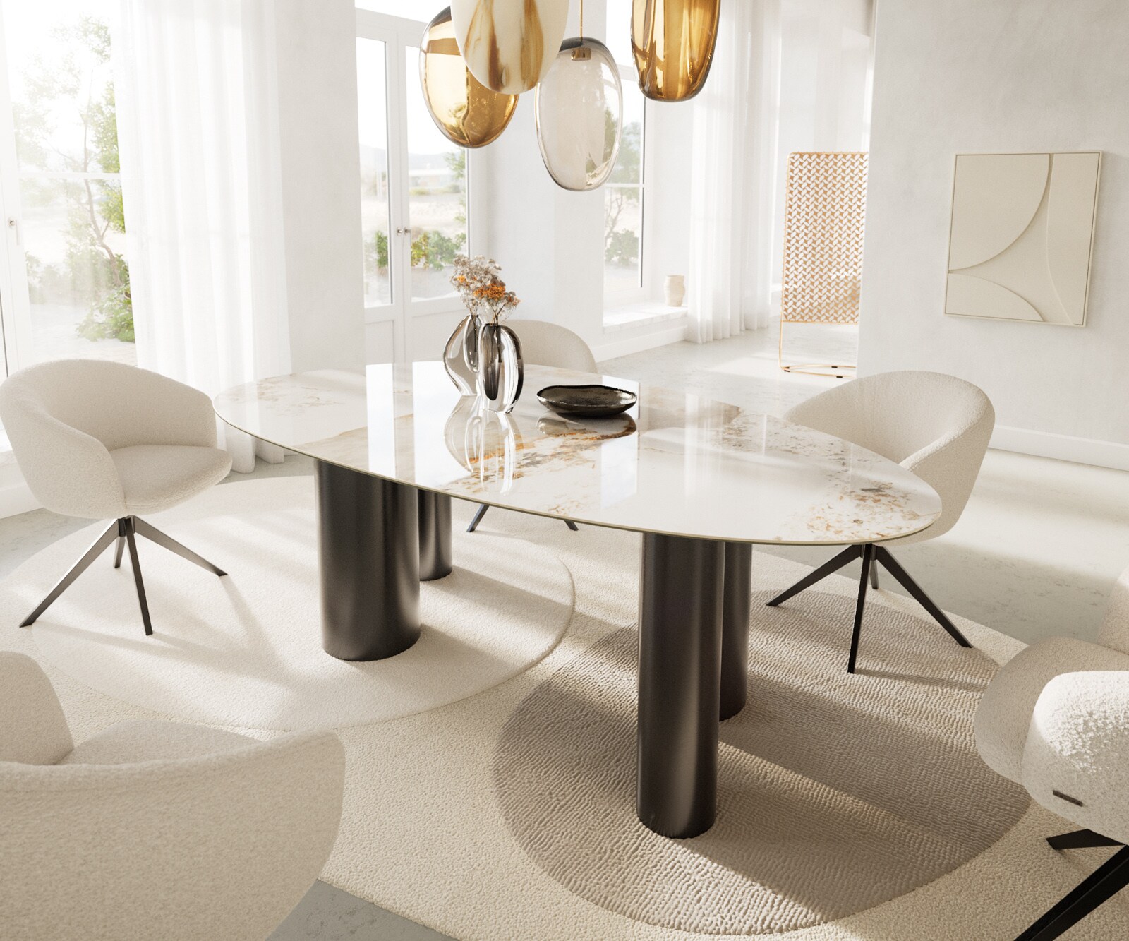 Table à manger Edge Ovale 220x120 Céramique Minas Melange Blanc-Beige Pilier Acier inoxydable Graphite