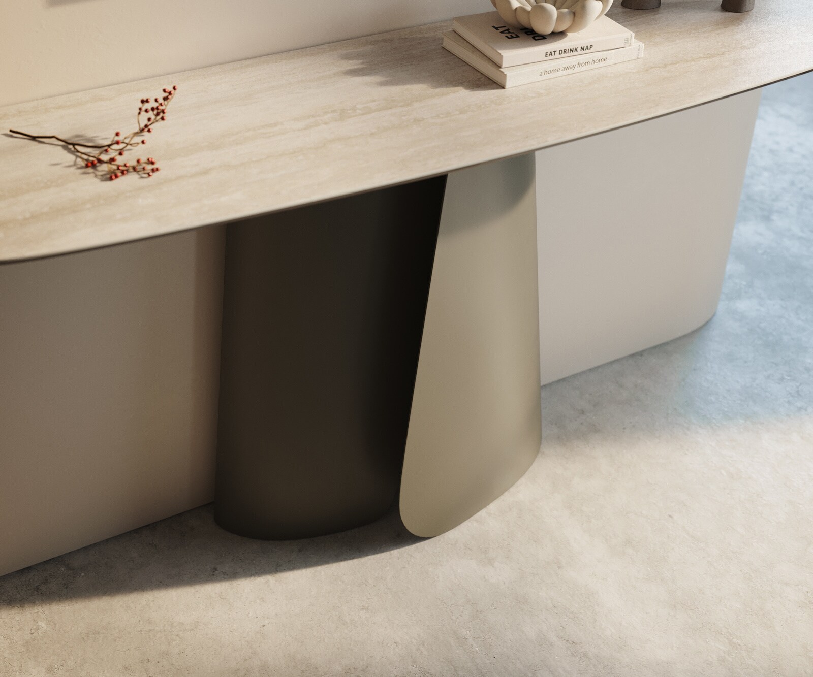 Console Edge forme bateau 140x40 cm Céramique Laminam® Travertino Bianco Creme-Weiß Livos Métal Effektfinish Titan 6