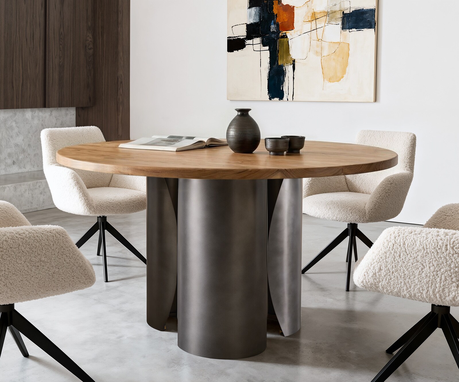 Table-à-manger Adenza ronde 140 x 140 cm Acacia naturel Métal noir antique 1