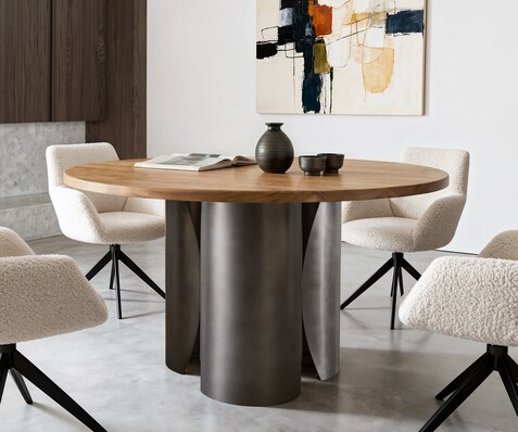 Table-à-manger Adenza ronde 140 x 140 cm Acacia naturel Métal noir antique