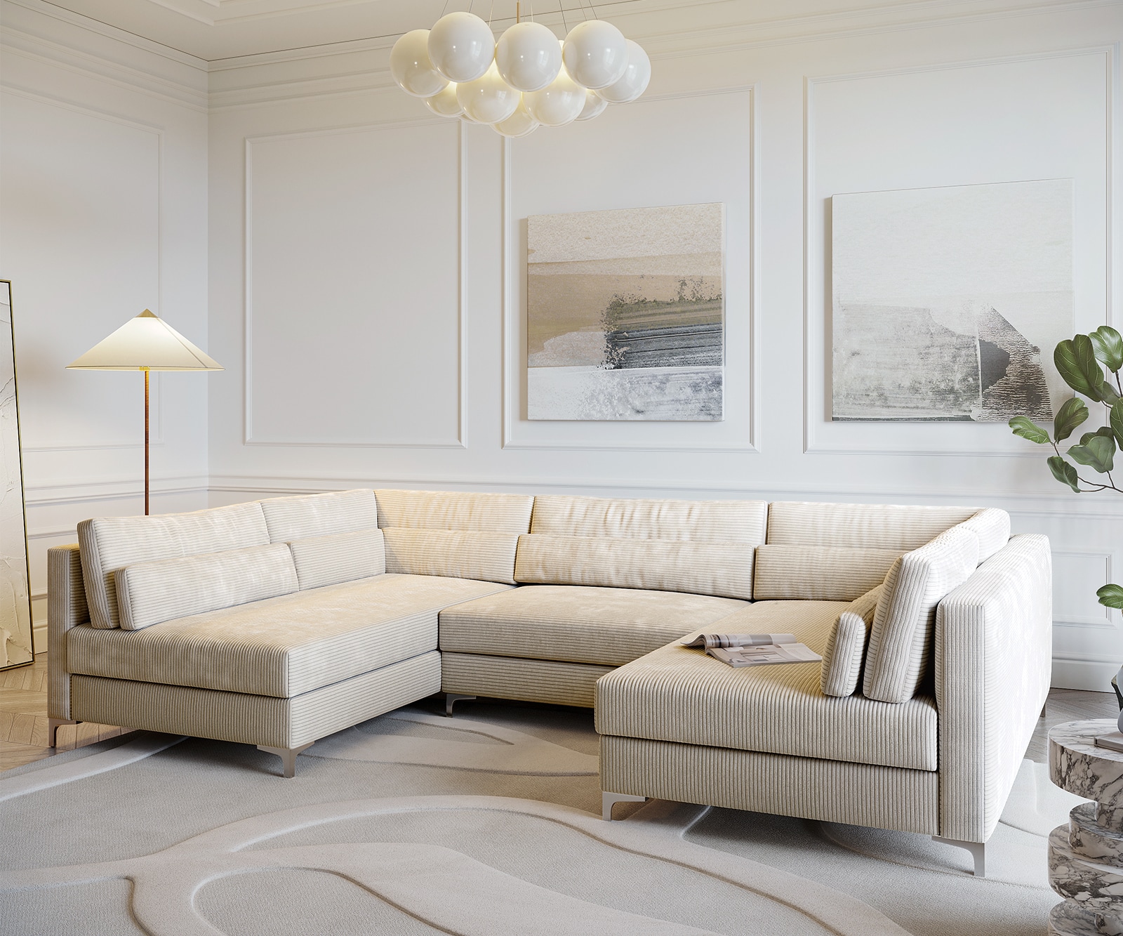 Canapé panoramique Elio 300x185 cm Velours côtelé beige avec tabouret 2 Canapé panoramique Elio 300x185 cm Velours côtelé beige avec tabouret 2