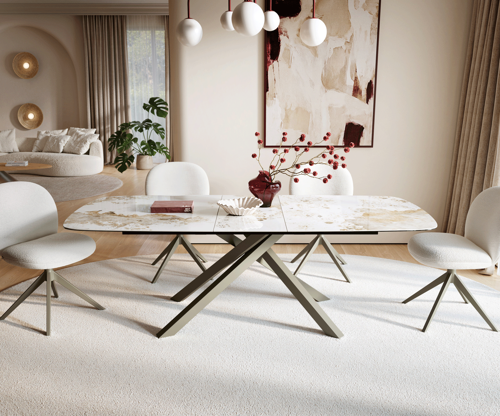 Table à manger Edge Boot 180-220x100 cm Céramique Minas Melange Blanc-Beige piètement en croix Rectangle Finition effet Titan extensible 2