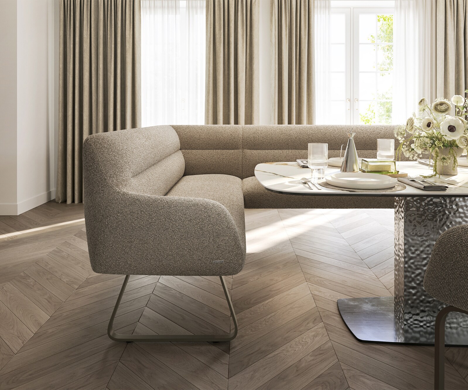 Banc-de-salle-à-manger Taya-Flex 285x190 cm bouclé boue châssis à patins plat titane ressort ensaché à droite 5