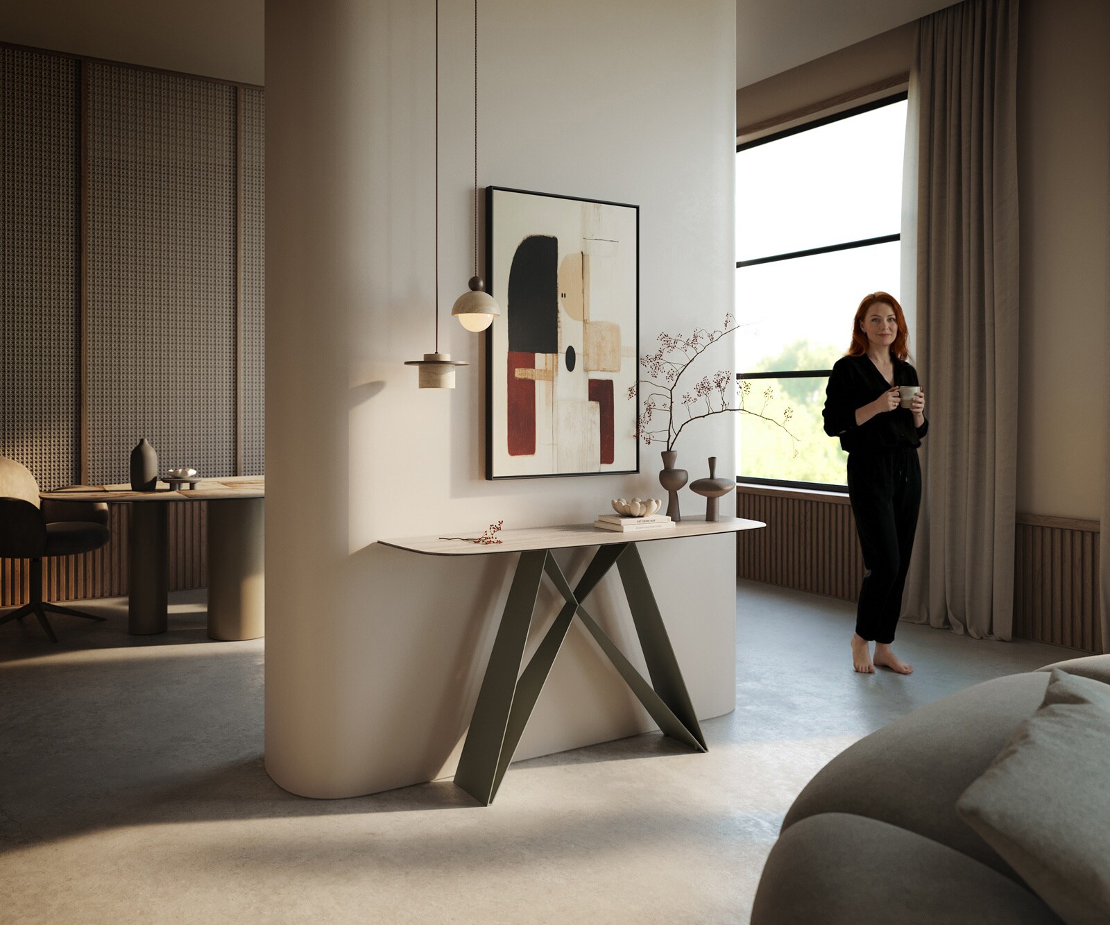 Console Edge forme bateau 140x40 cm Céramique Laminam® Travertino Bianco Creme-Weiß Velio Métal Effektfinish Titan 7