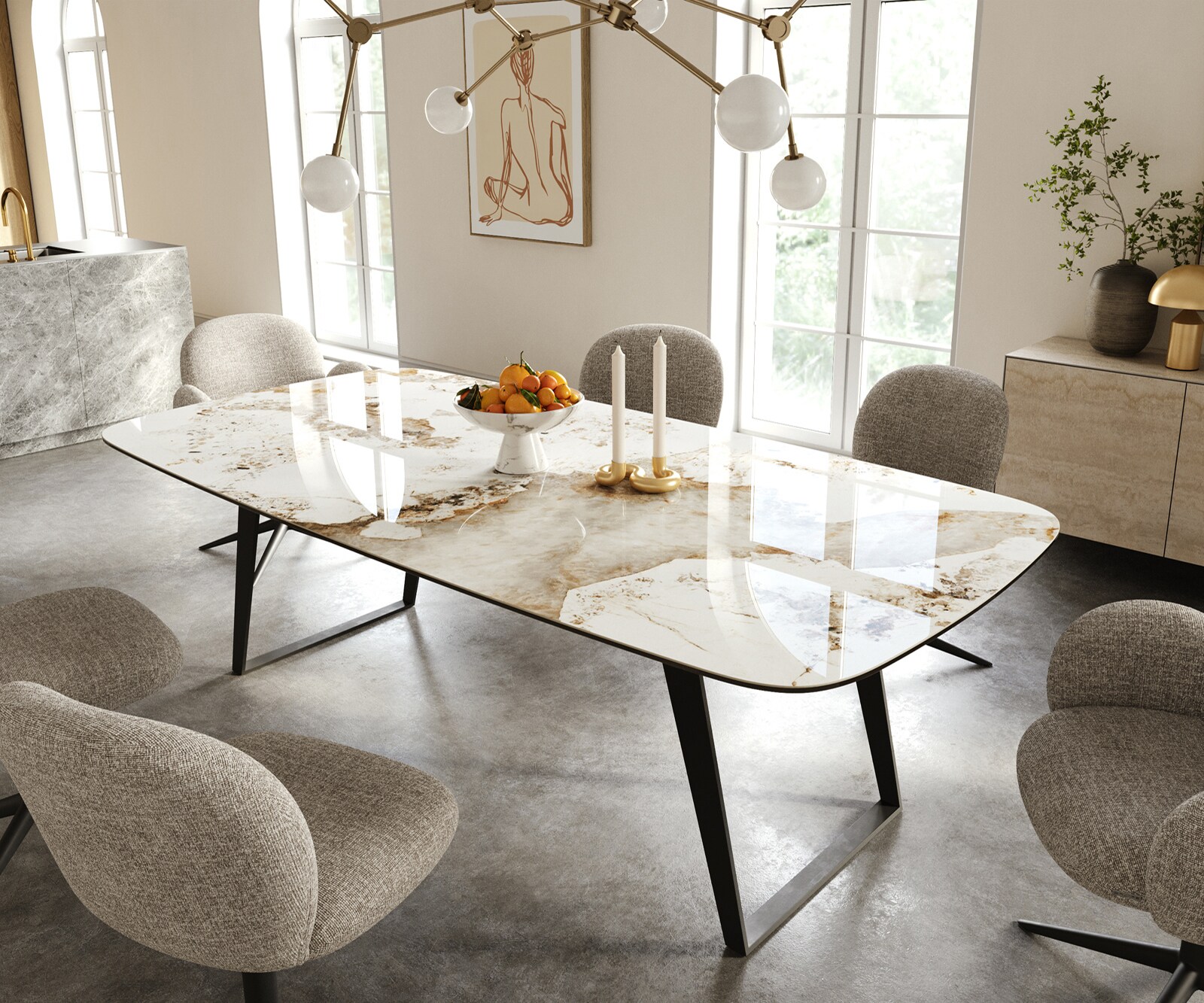 Table à manger Edge Boot 240x120 cm Céramique Minas Melange Blanc-Beige Métal Schräg Noir