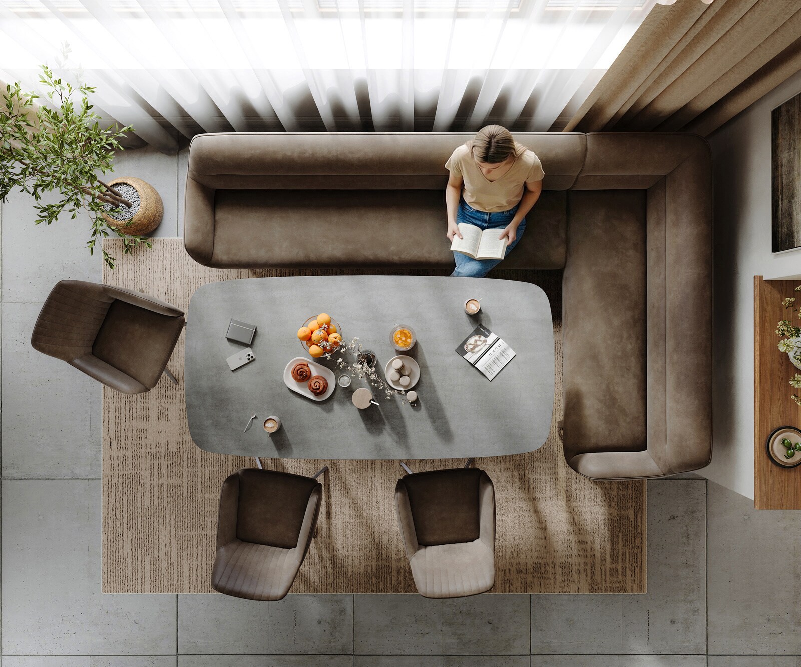 Banc-de-salle-à-manger Taya-Flex 285x190 cm microfibre taupe vintage châssis à patins plat acier inoxydable ressort ensaché liens 6