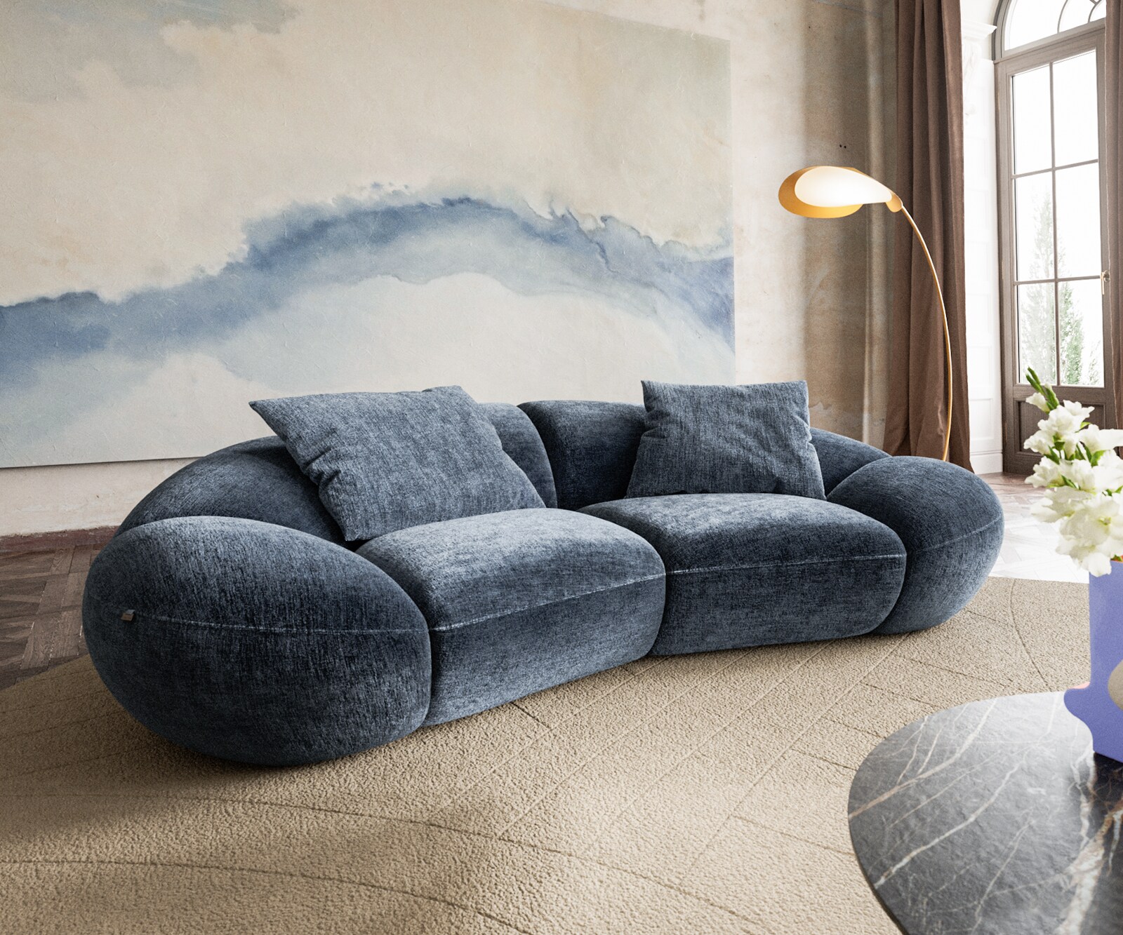 Canapé 2 places Lunna 280x170 cm chenille bleu 2 coussins