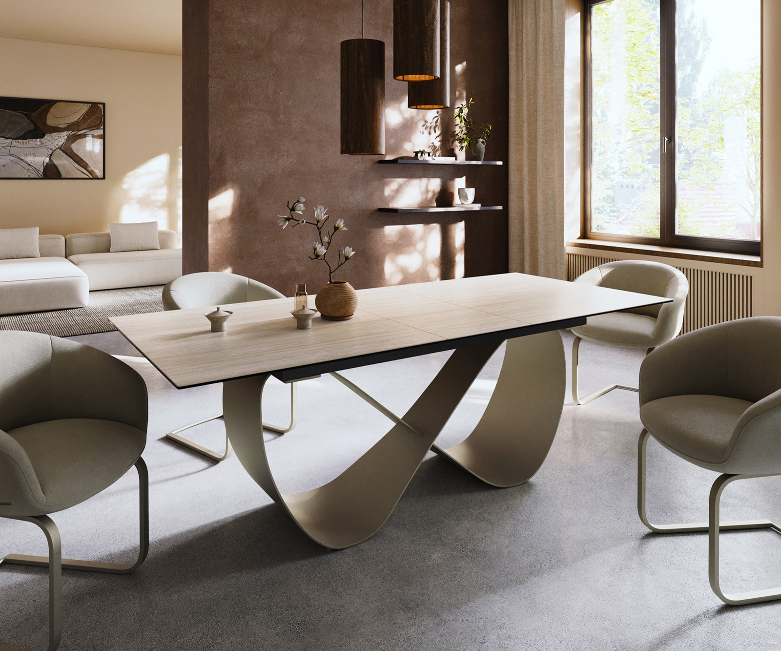 Table à manger Edge 180-220x100 céramique Laminam® Travertino Bianco crème-blanc Infinity métal effet finition titanee extensible