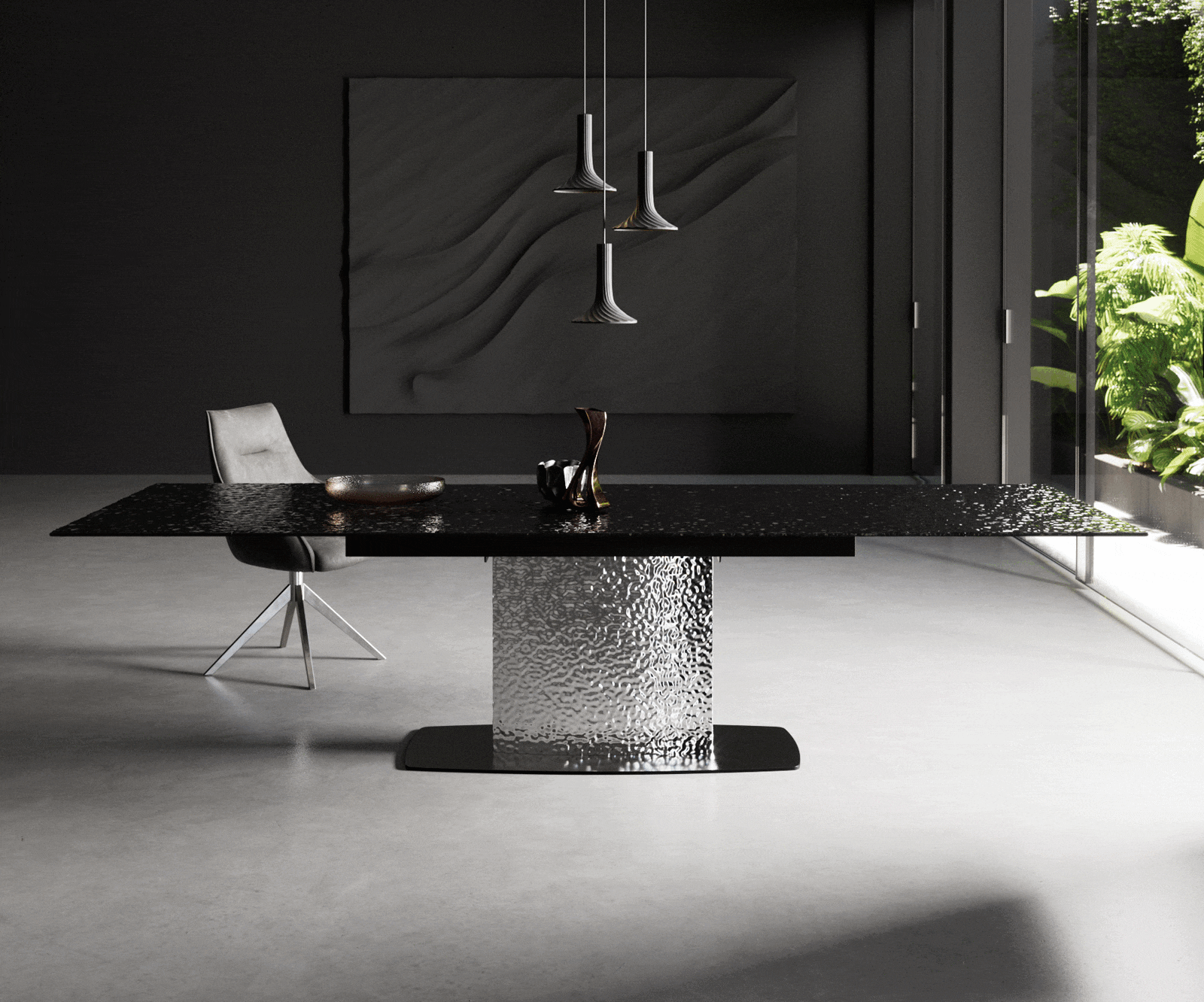Table à manger Edge 200-300x100 verre fondu noir fumé relief en 3D Wave acier inoxydable extensible 1 Table à manger Edge 200-300x100 verre fondu noir fumé relief en 3D Wave acier inoxydable extensible 1