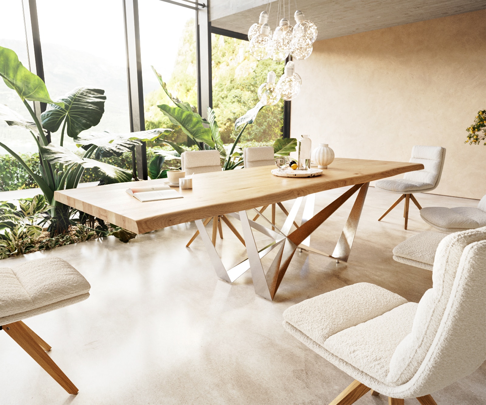 Table à manger Edge 300x100 chêne nature Spider acier plat acier inoxydable Live-Edge 1