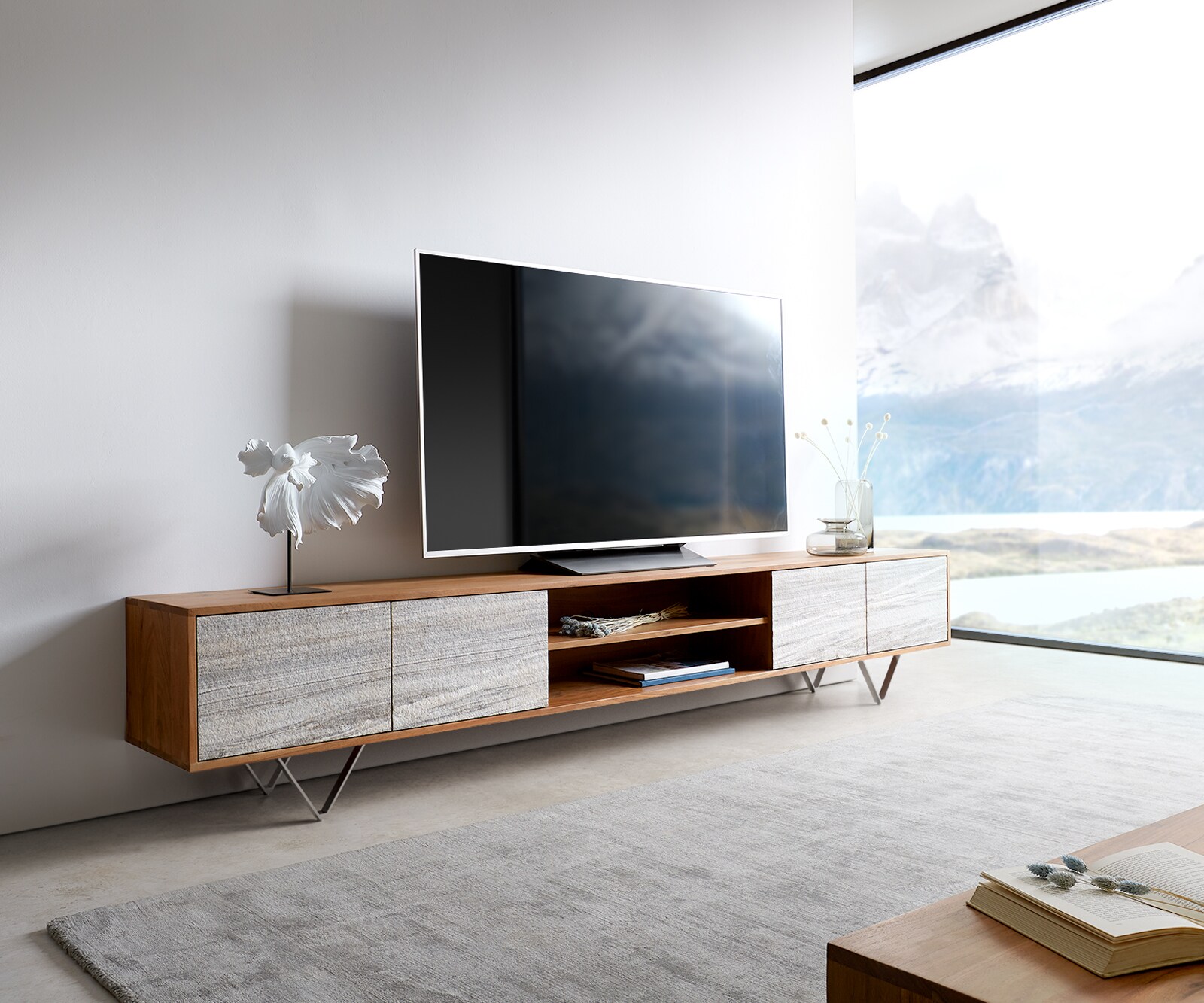 Lowboard Kleo acacia naturel Placage de pierre blanc 1