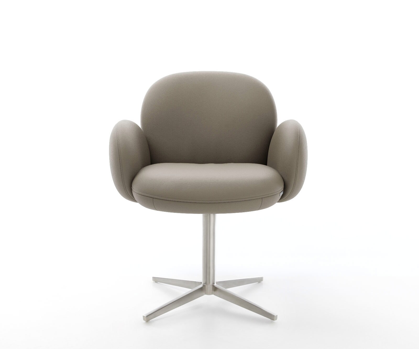 Chaise-pivotante Nube-Flex avec accoudoirs cuir de vache couleur boue pied de chaise 4 branches acier inoxydable brossé pivotement sur 360° ressorts ensachés 1 Chaise-pivotante Nube-Flex avec accoudoirs cuir de vache couleur boue pied de chaise 4 branches acier inoxydable brossé pivotement sur 360° ressorts ensachés 1