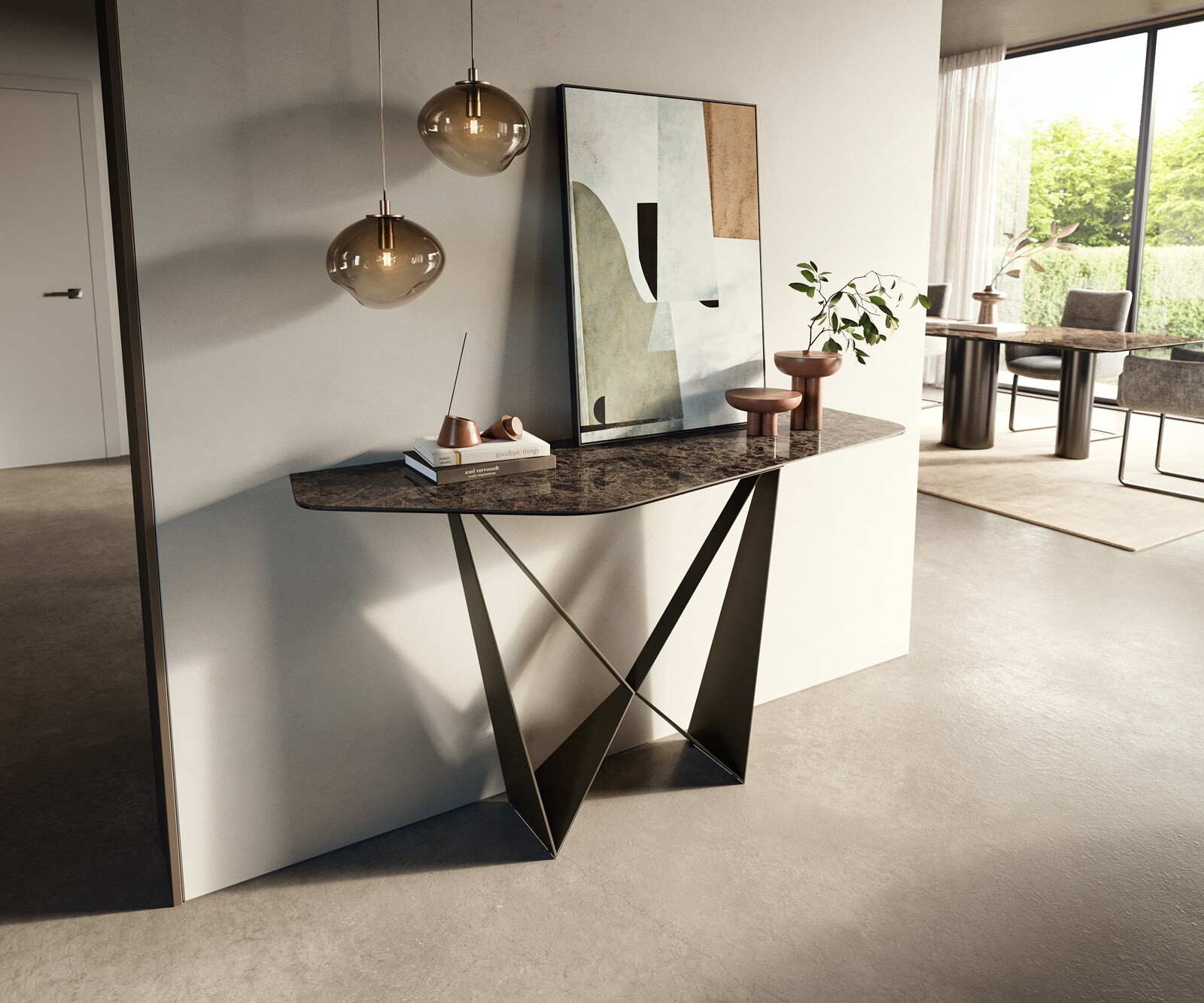 Console Edge Polygonal 140x50 cm Céramique Emperador Extra Lucidato Dunkelbraun Spios Métal Effektfinish Titan 3