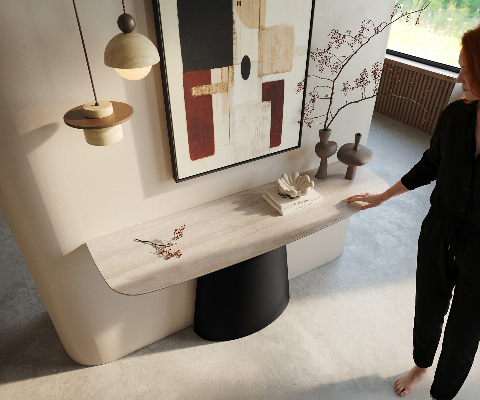 Console Edge forme bateau 140x40 cm Céramique Laminam® Travertino Bianco Creme-Weiß Conos Métal Noir 2