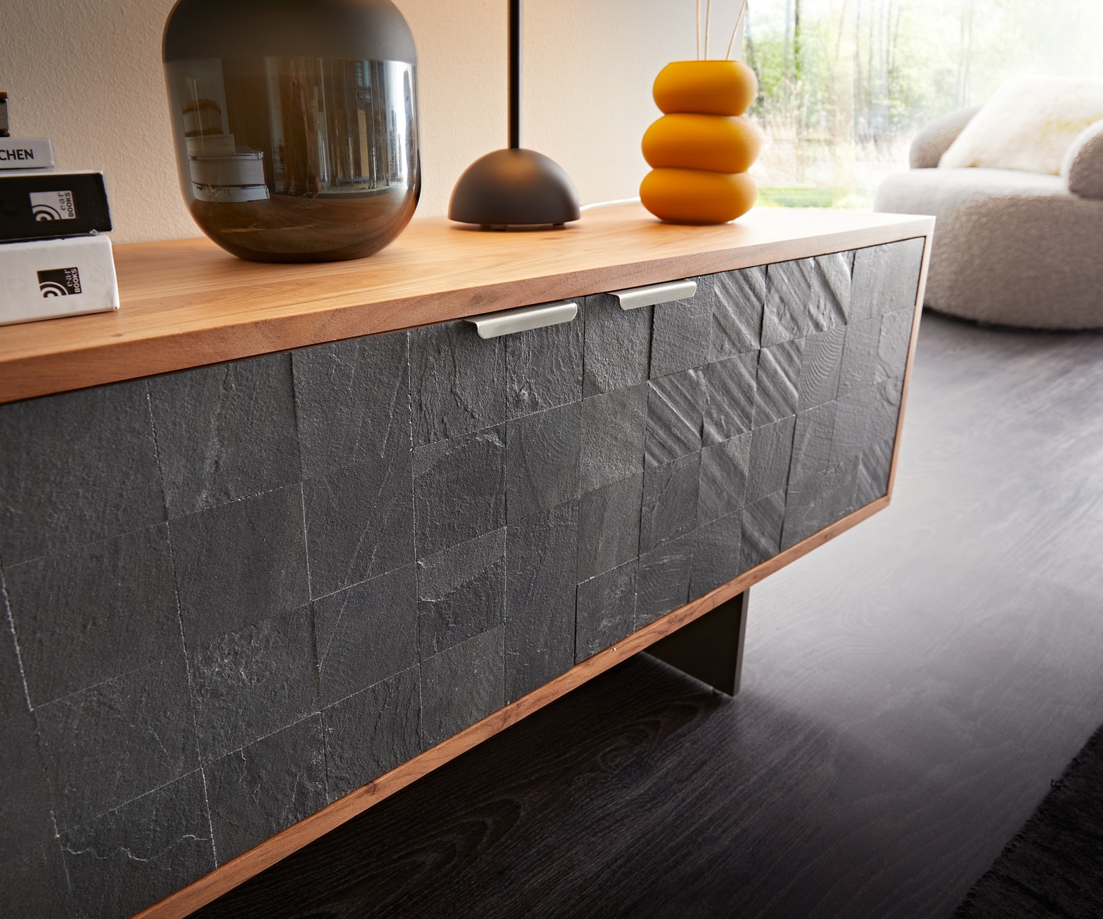 Meuble-TV Teele 200 cm acacia naturel ardoise 4 portes pied flottant inoxydable 5 Meuble-TV Teele 200 cm acacia naturel ardoise 4 portes pied flottant inoxydable 5