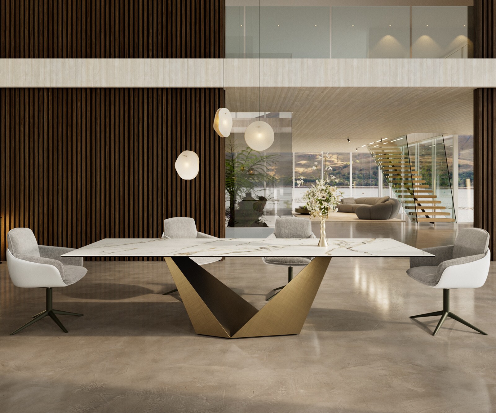 Table à manger Edge 300x100 céramique Calacatta Luxe blanc-doré-gris Prisma métallique doré