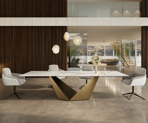 Table à manger Edge 300x100 céramique Calacatta Luxe blanc-doré-gris Prisma métallique doré
