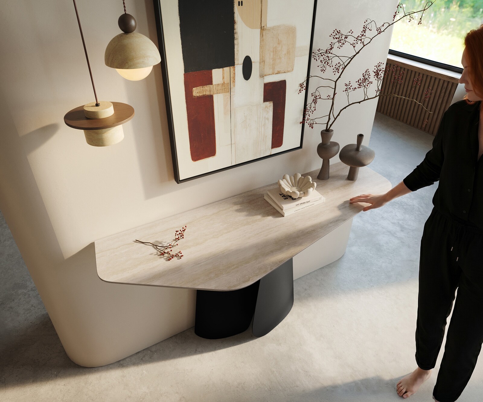Console Edge Polygonal 140x50 cm Céramique Laminam® Travertino Bianco Creme-Weiß Livos Métal Noir 1