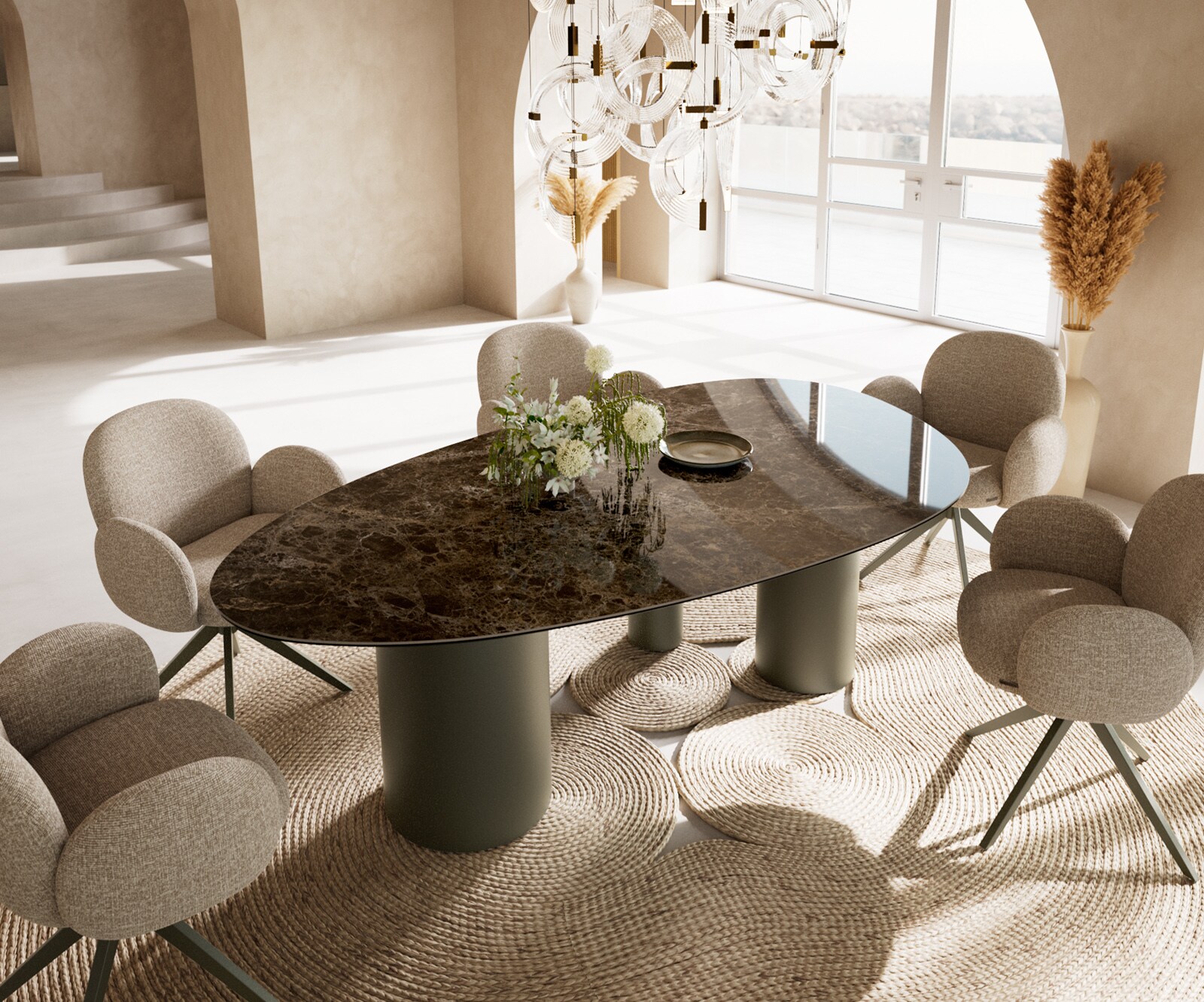 Table à manger Edge ovalee 220x120 céramique Laminam® Emperador Extra Lucidato marron foncé Troa métal effet finition titanee 1