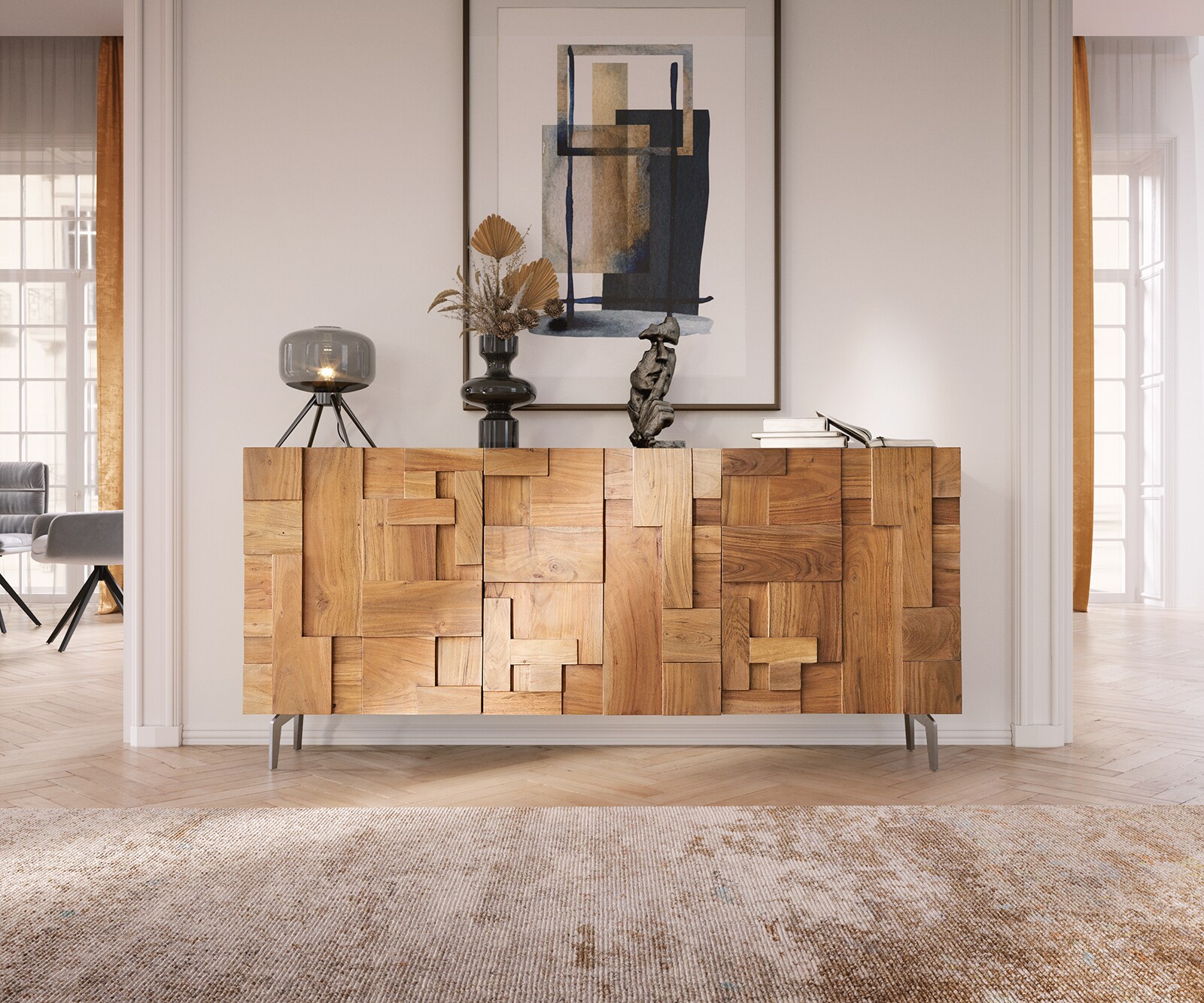 Buffet Puzzle 175 cm acacia naturel 3 portes pied équerre inox 1