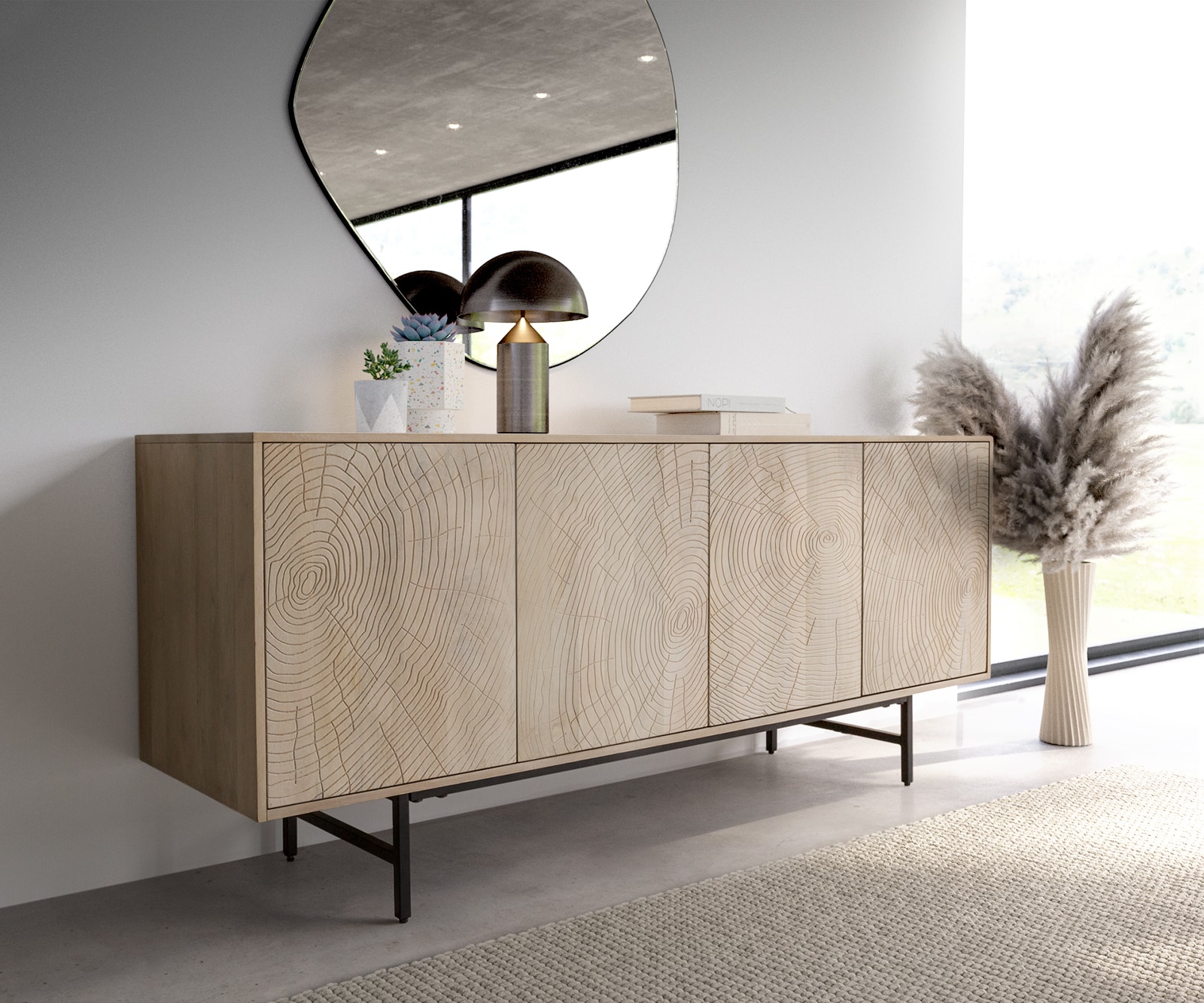 Buffet Wiara 180 cm Mangue White Wash Métal noir 4 portes Buffet Wiara 180 cm Mangue White Wash Métal noir 4 portes