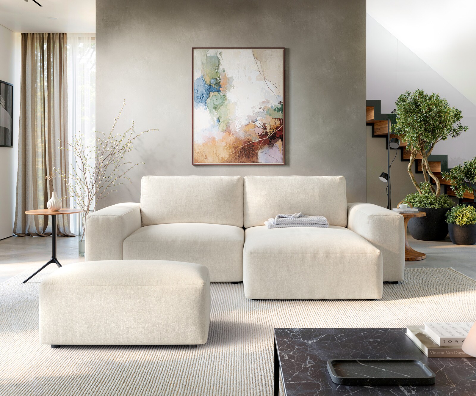 Canapé d'angle Lanzo 230x155 cm Tissu texturé doux Beige Méridienne modulable avec pouf 2