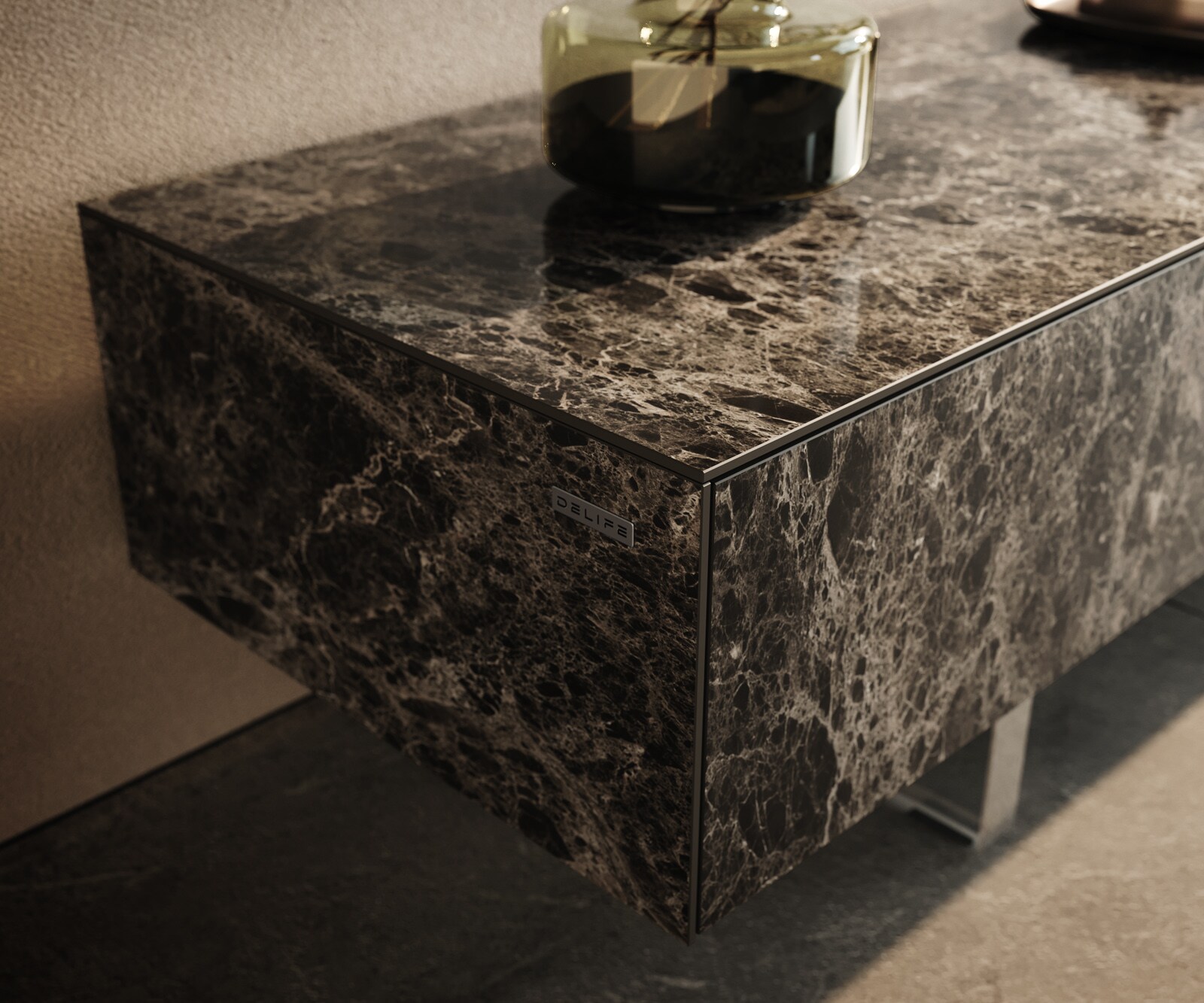 Meuble-TV Cuor 150 cm Céramique Emperador Extra Lucidato brun foncé 1 Clapet 1 Tiroir Pied optique flottant Verre acrylique 5