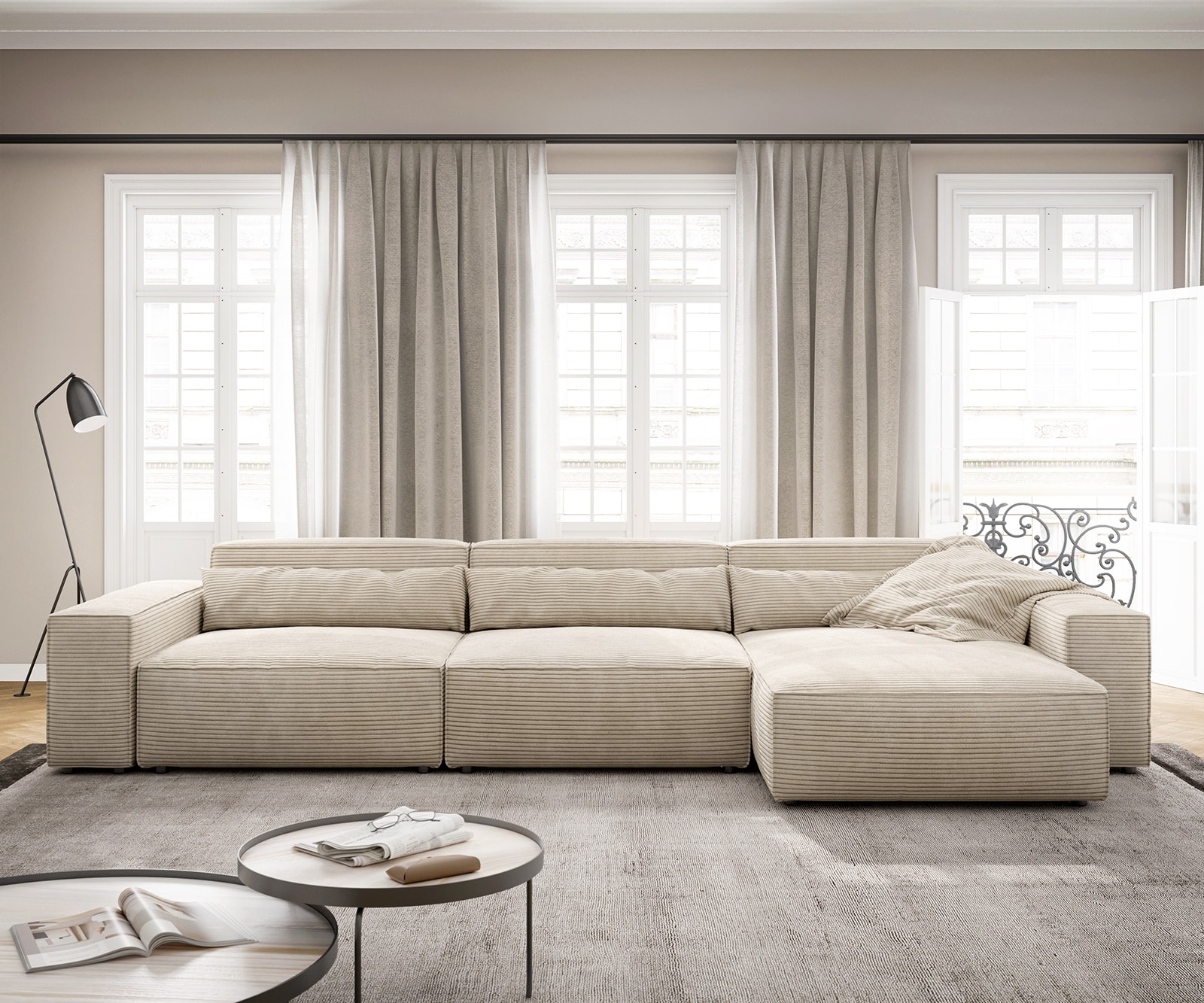 Canapé d'angle Sirpio XL 370x170 cm Velours côtelé Beige Recamiere variable 1 Canapé d'angle Sirpio XL 370x170 cm Velours côtelé Beige Recamiere variable 1
