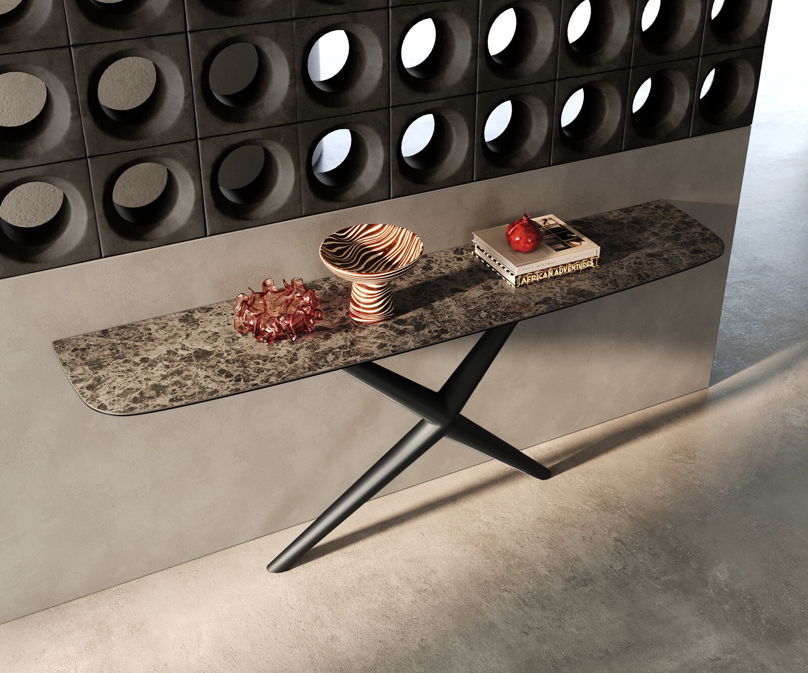 Console Edge forme bateau 180x40 cm Céramique Emperador Extra Lucidato Dunkelbraun Estelo Métal Noir 2