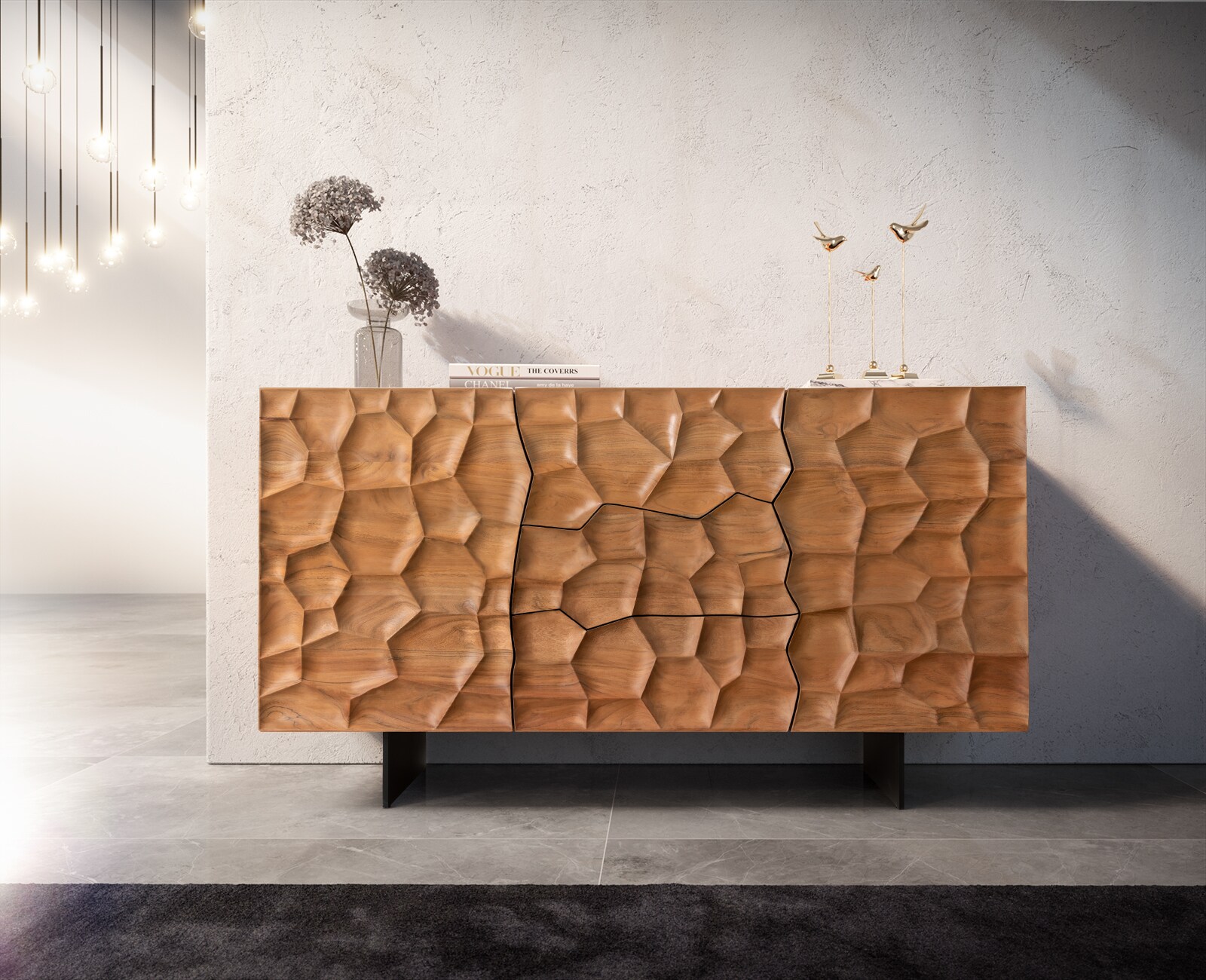 Buffet Solu 145 cm acacia naturel 2 portes 3 tiroirs pied flottant métal noir façade 3D 1