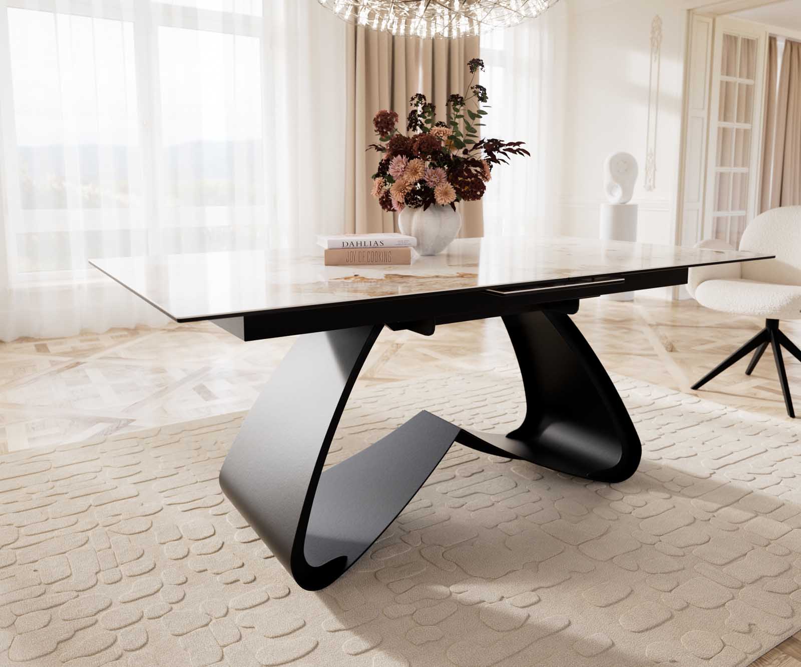 Table à manger Edge 180-220x100 céramique Minas mélange blanc-beige cadre en W noir extensible 7