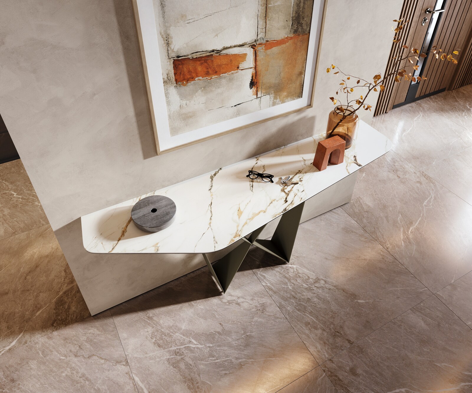Console Edge Polygonal 180x50 cm Céramique Calacatta Luxe Weiß-Gold-Gris Spios Métal Effektfinish Titan 1