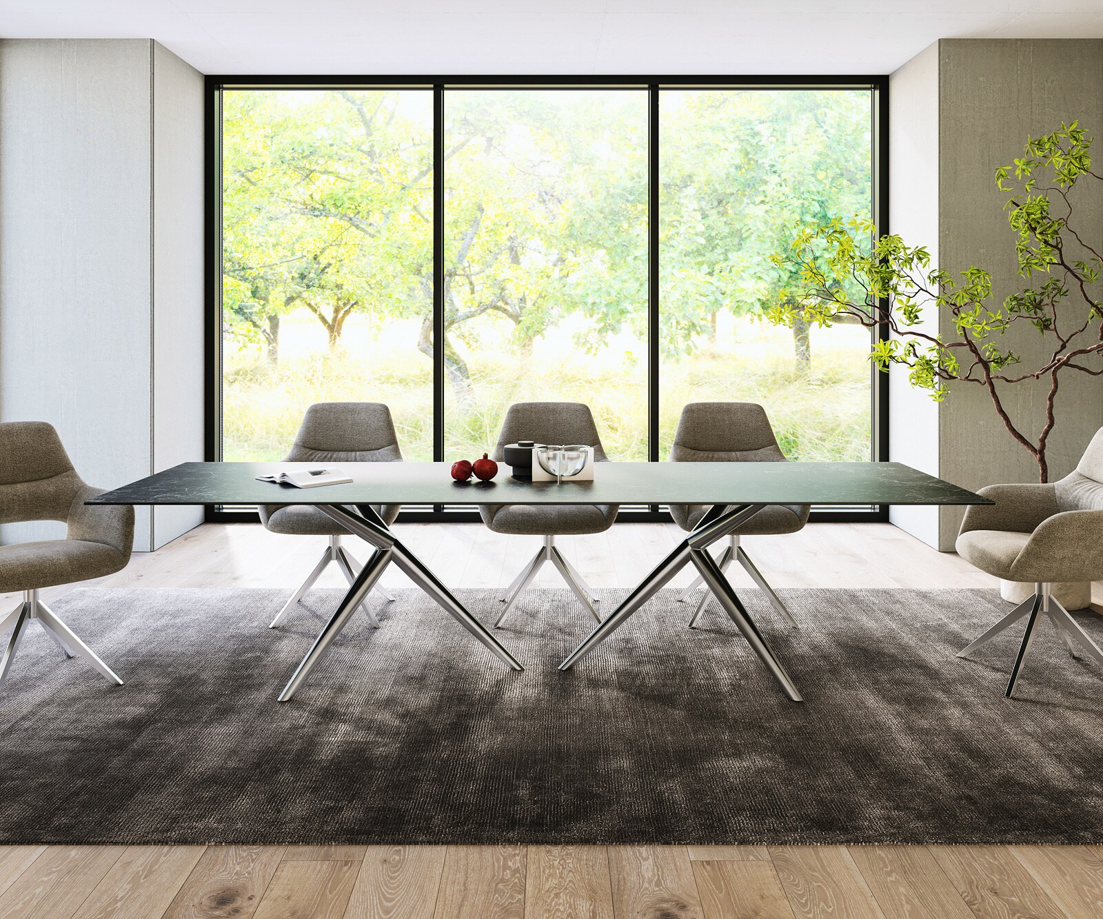 Table à manger Edge 300x100 Céramique Laminam®Nero Greco Anthracite Estelar rond Acier inoxydable 1