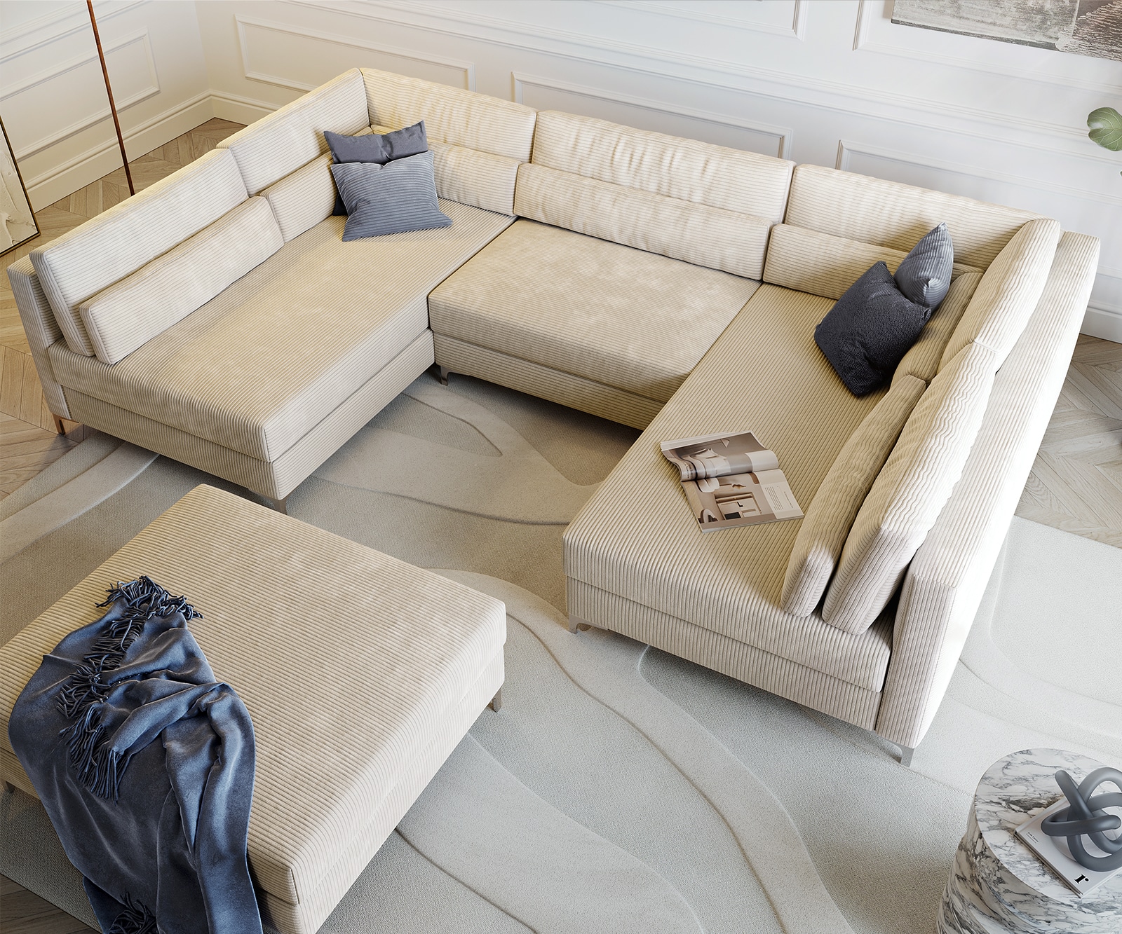 Canapé panoramique Elio 300x185 cm Velours côtelé beige avec tabouret 3 Canapé panoramique Elio 300x185 cm Velours côtelé beige avec tabouret 3
