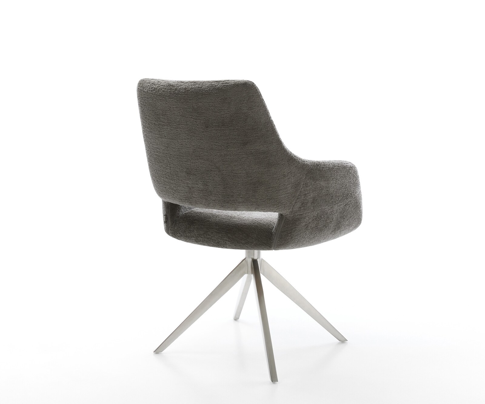 Chaise-pivotante Yago-Flex avec accoudoirs bouclé doux couleur boue pied croisé large acier inoxydable pivotement sur 360° fonction bascule resorts ensachés 5